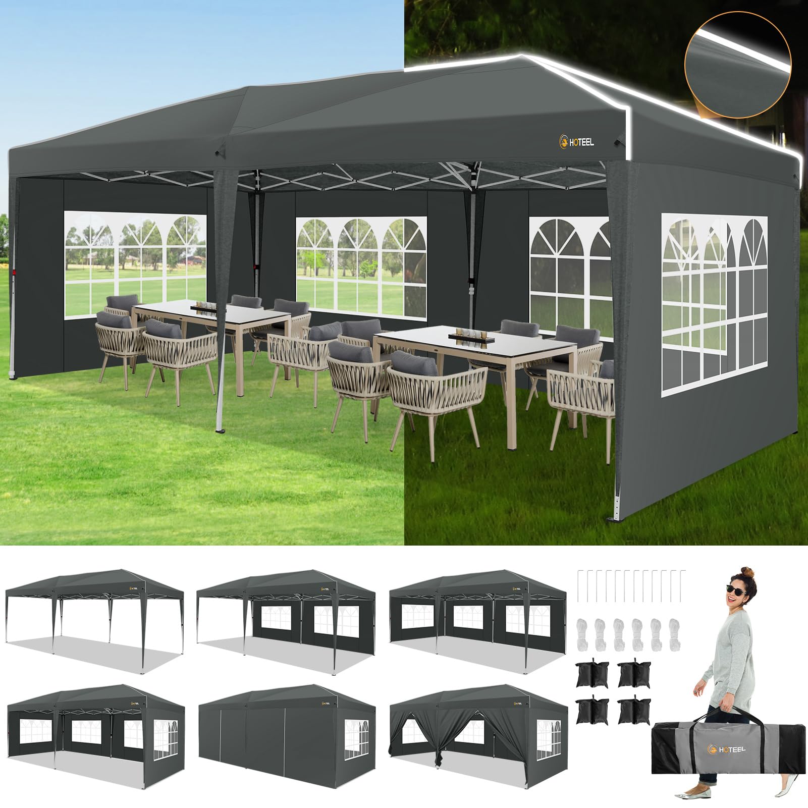 HOTEEL Faltbares Pavillon, 3 x 6 cm, wasserdicht, für den Außenbereich, mit 6 Seitenwänden, verstärkter Oberseite, einfach zu montieren, Partyzelt, faltbar, UV-Schutz, Grau