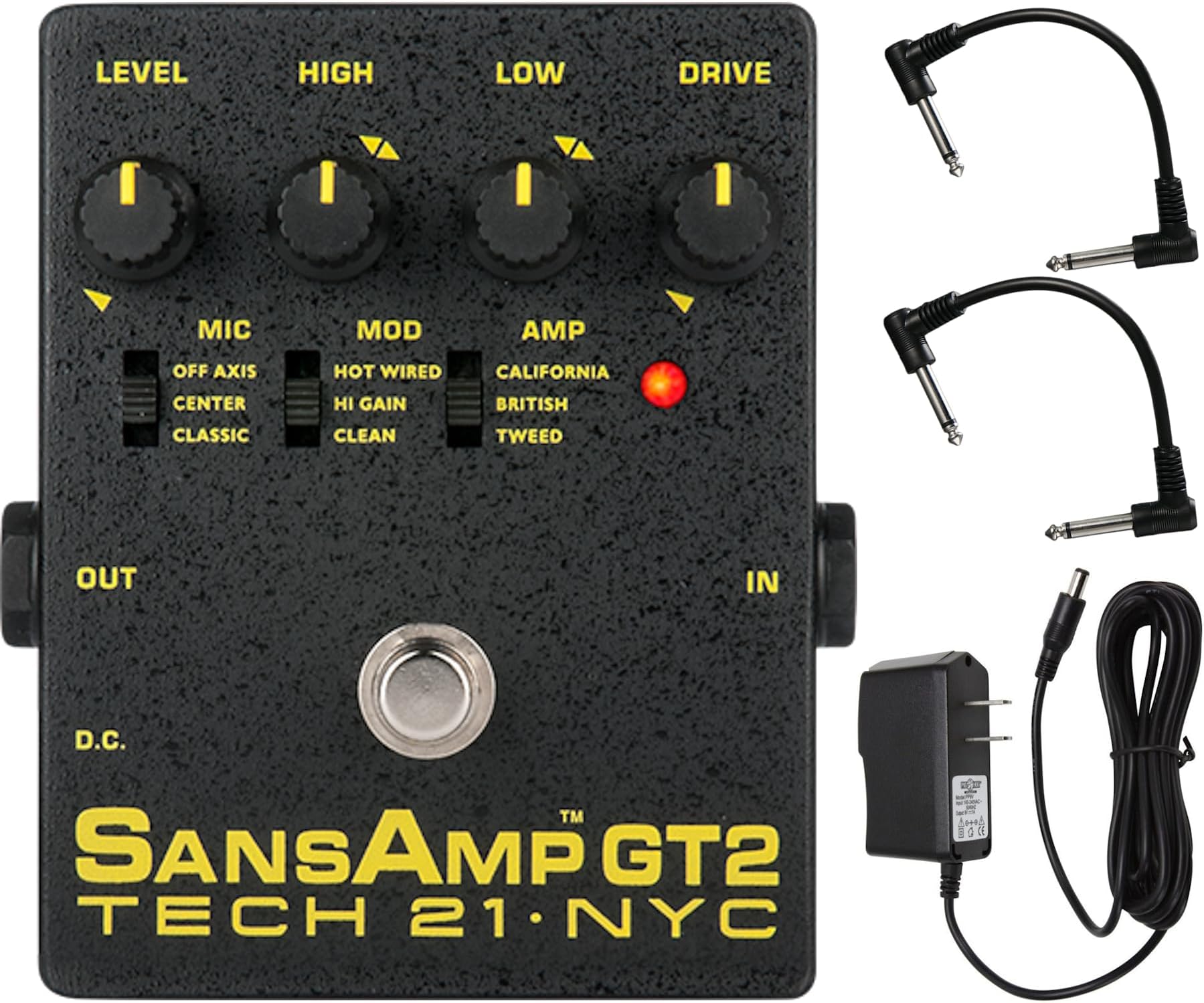 Tech 21 SansAmp GT2 Tube Amp Emulator Pedal Bundle with 2 Patch Cables and Power Supply