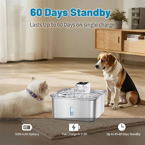 Miniatura 5 de LIFFY Fuente de agua inalámbrica para perros, fuente de acero inoxidable de gran capacidad de 7 L236 onzas, cuenco de agua silencioso para mascotas