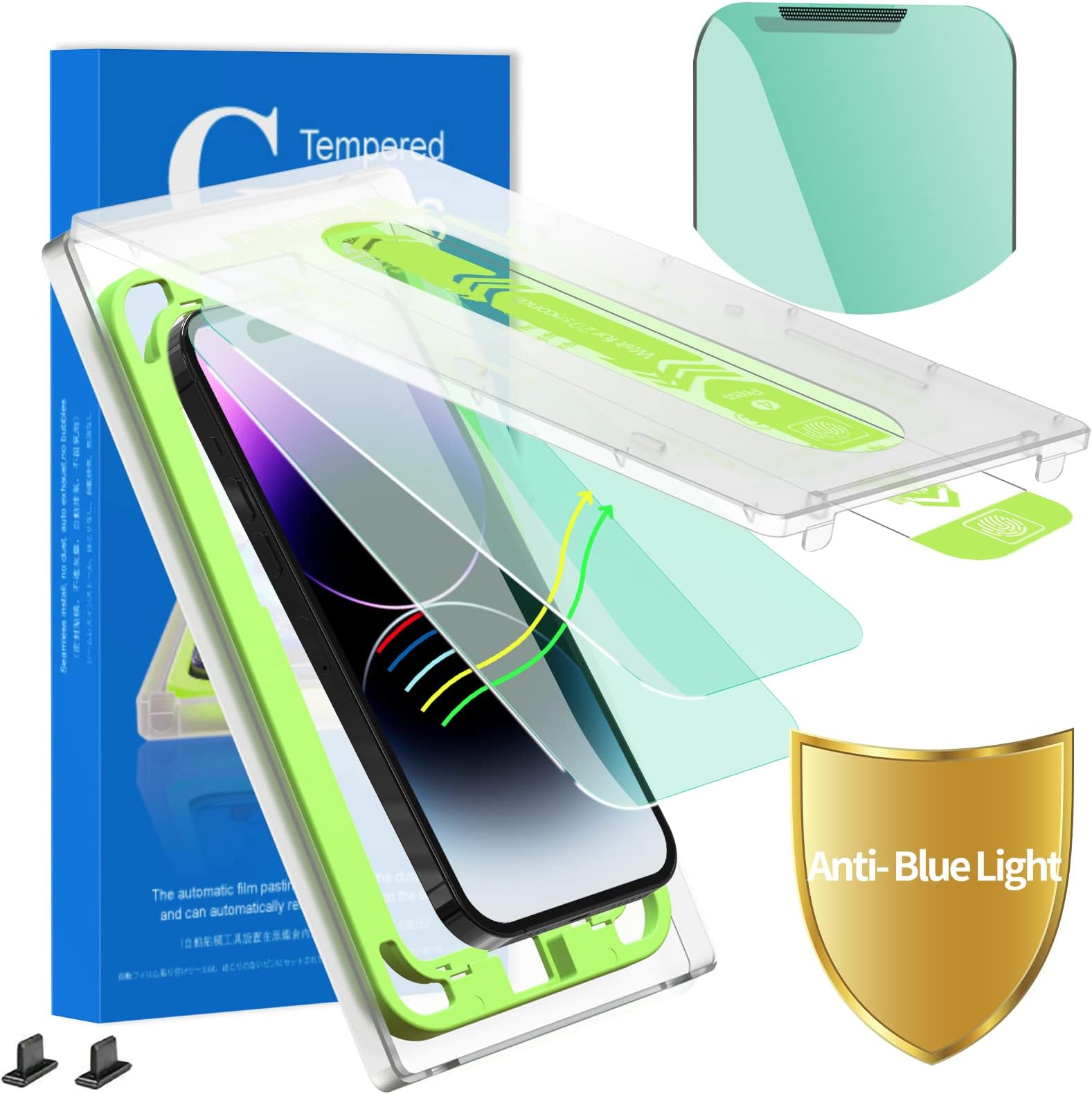 JOLOJO 2 Pack [Update Eye Protection][Bubble/Dust-Free Alignment Kit] Anti-Blue Light Tempered Glass Compatible for iPhone 14/13 / 13 Pro (6.1"),& Dust Plug, Reduced Eye Fatigue[Anti-Scratch]