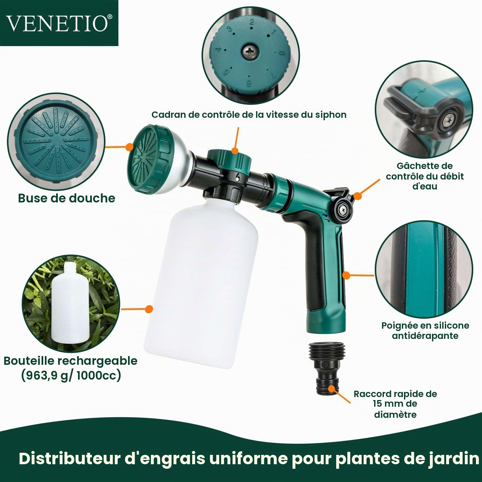 VENETIO Pistolet pulvérisateur à 8 chiffres pour engrais liquides/produits chimiques | Alimentateur de précision pour pelouse et jardin pour fertiliser et arroser les plantes | Pulvérisateur à buse