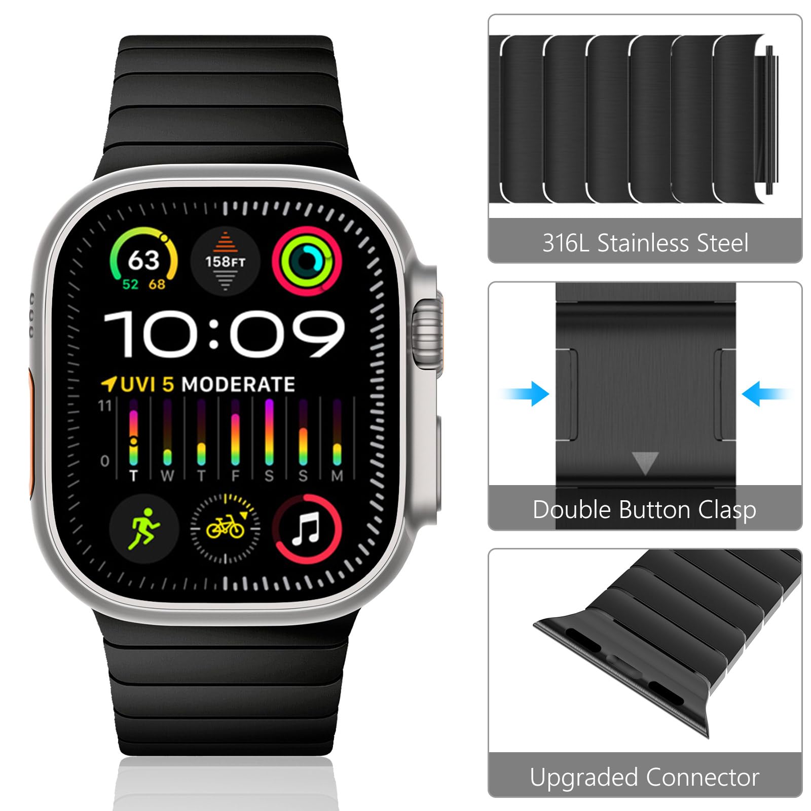 KADES Bracelet en acier inoxydable compatible avec les bracelets Apple Watch Ultra 49 mm, 45 mm, 44 mm, 42 mm, pour homme et femme, bracelet en métal avec boucle magnétique pour iWatch Series Ultra