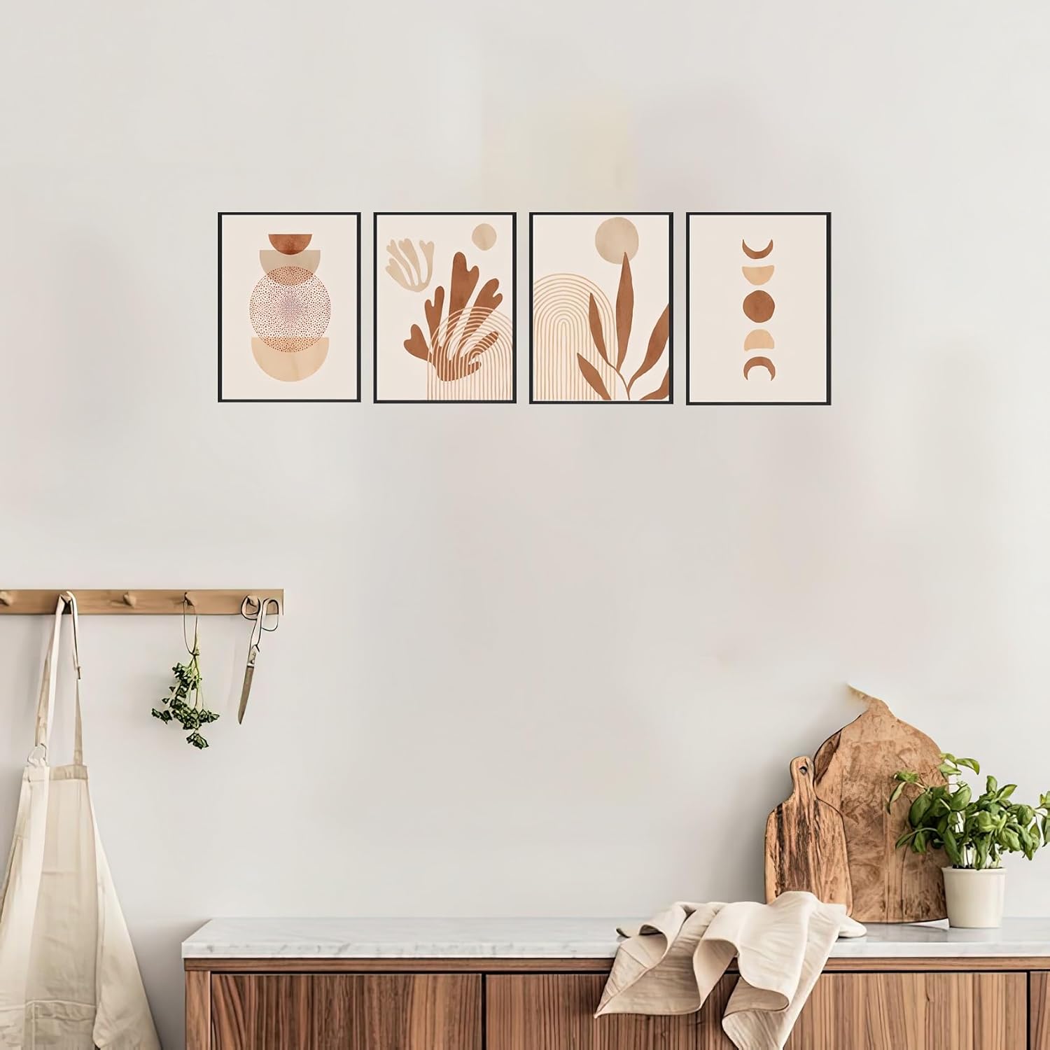 LEYIARTT Set of 4 Abstract Boho Wall Decor, Frame Wall Art Canvas Painting Coral Lines Beige Sun Rainbow, Posters And Prints Pictures for Home Living Room Bedroom Decoration