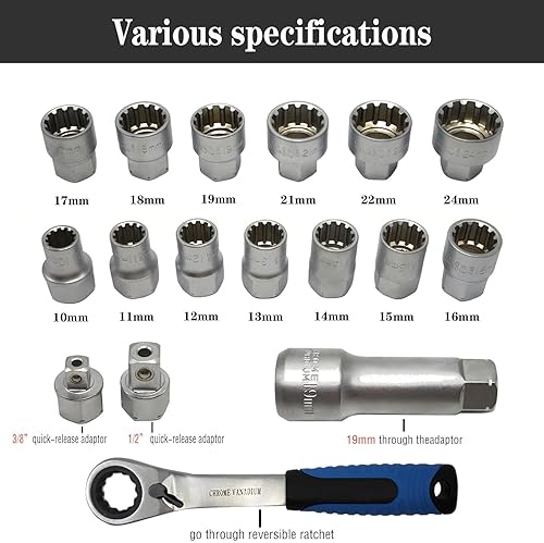 Miniatura 4 de JEUCLEL Juego de llaves de vaso de paso de 17 piezas, juego de llaves de vaso maestro de impacto de 12 38 pulgadas, adaptador de enchufe, juego de