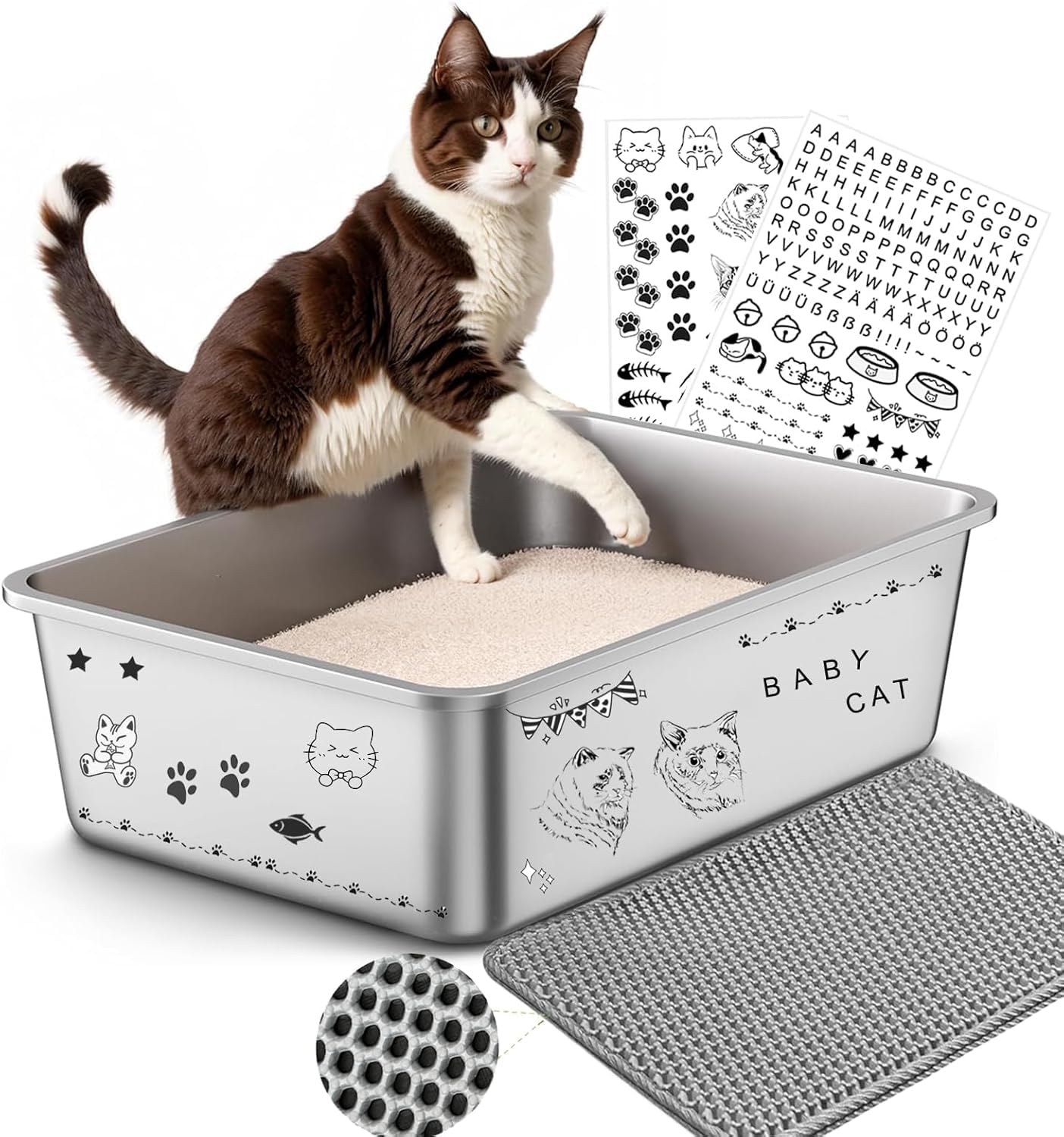 Lettiera per gatti in acciaio inossidabile, 50x35x20 cm, superficie antiaderente e inodore, per gatti e conigli, resistente alla ruggine e alle