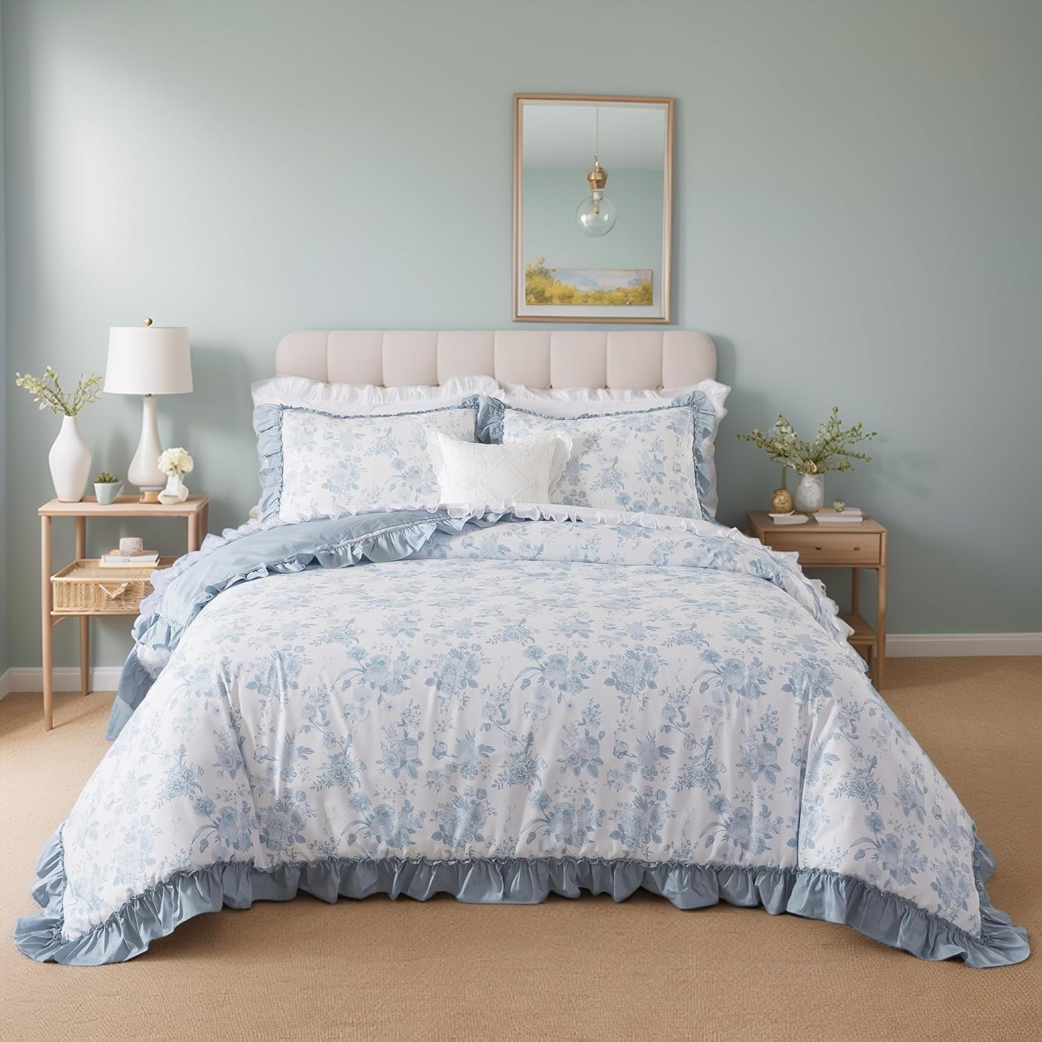 USTIDE Ruffled Edge Floral Bedding Duvet Cover Set, Classic Blue Grandmillennial Toile Design, 100% Cotton Soft Breathable Peony & Rose, Double Size, 3 Pieces โ image 1