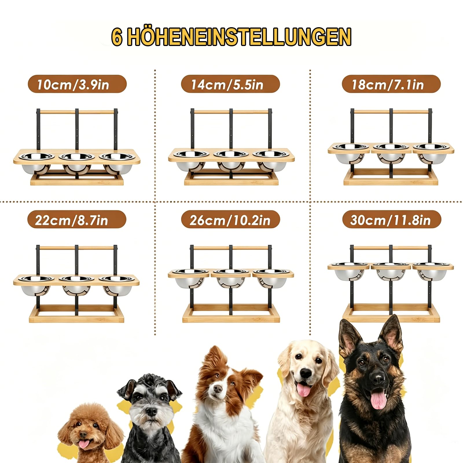 Gamelle surélevée réglable pour Chien, mangeoire en Bambou et métal avec 6 hauteurs réglables de 10 à 30 cm, 3 Bols INOX 304 de 1400 ML, Support Ergonomique pour Chiens Moyens et Grands
