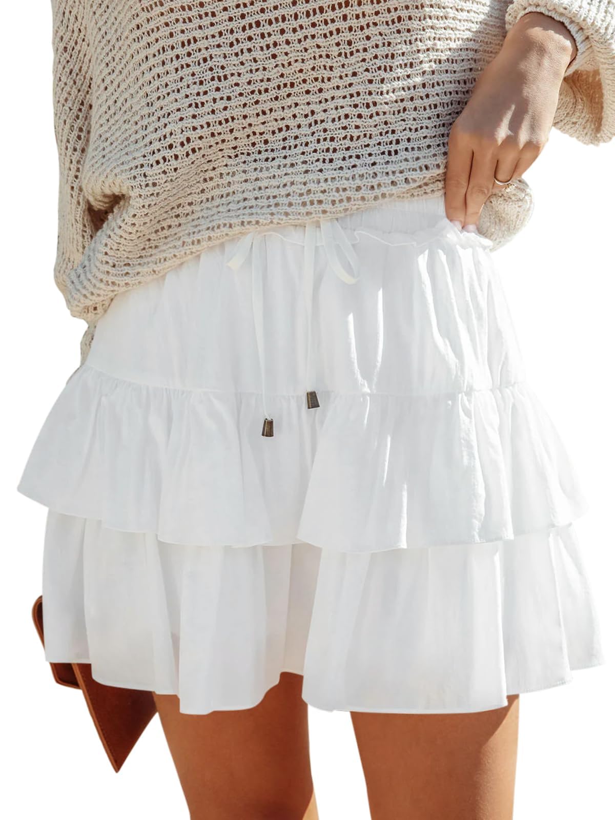 aoudery Flowy Shorts for Women Boho Ruffled Tiered Skorts Casual High Waist Mini Skirts Tennis Golf Comfy Shorts 2026, A White, X-Small-picture-16