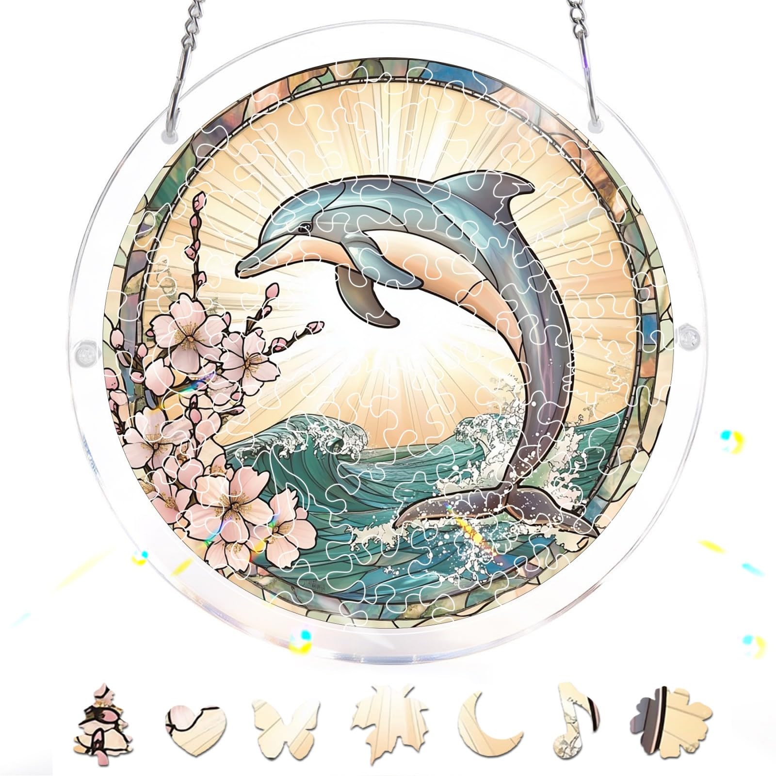Bimkole 83 Pieces Acrylic Jigsaw Puzzle Suncatcher - Dolphin, Stained Glass Window Hanging Pendant, Home Decor Creative Mom Gifts, Sun Catcher Decor for Garden Home Birthday Gifts 18 cm