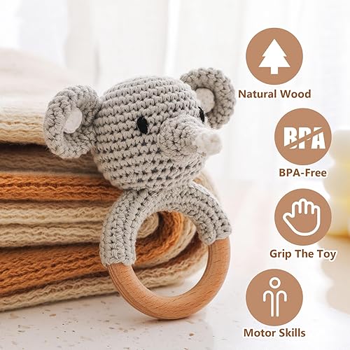 Miniatura 8 de Wooden Baby RattleCrochet Bunny Rattle with Wood Ring, Newborn Wooden Animal Rattle ToyInfant Pink Bunny Wood Rattle ToysBunny-3