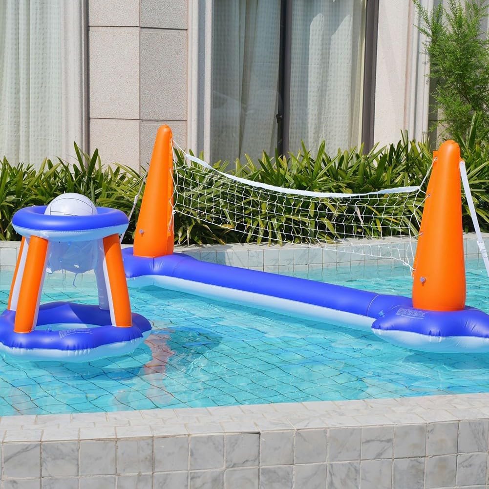Aufblasbare Badeinsel Volleyball Netz Basketball Korb Wasserspielzeug Pool Party Schwimmendes Spielzeug 120x38x30 Zoll