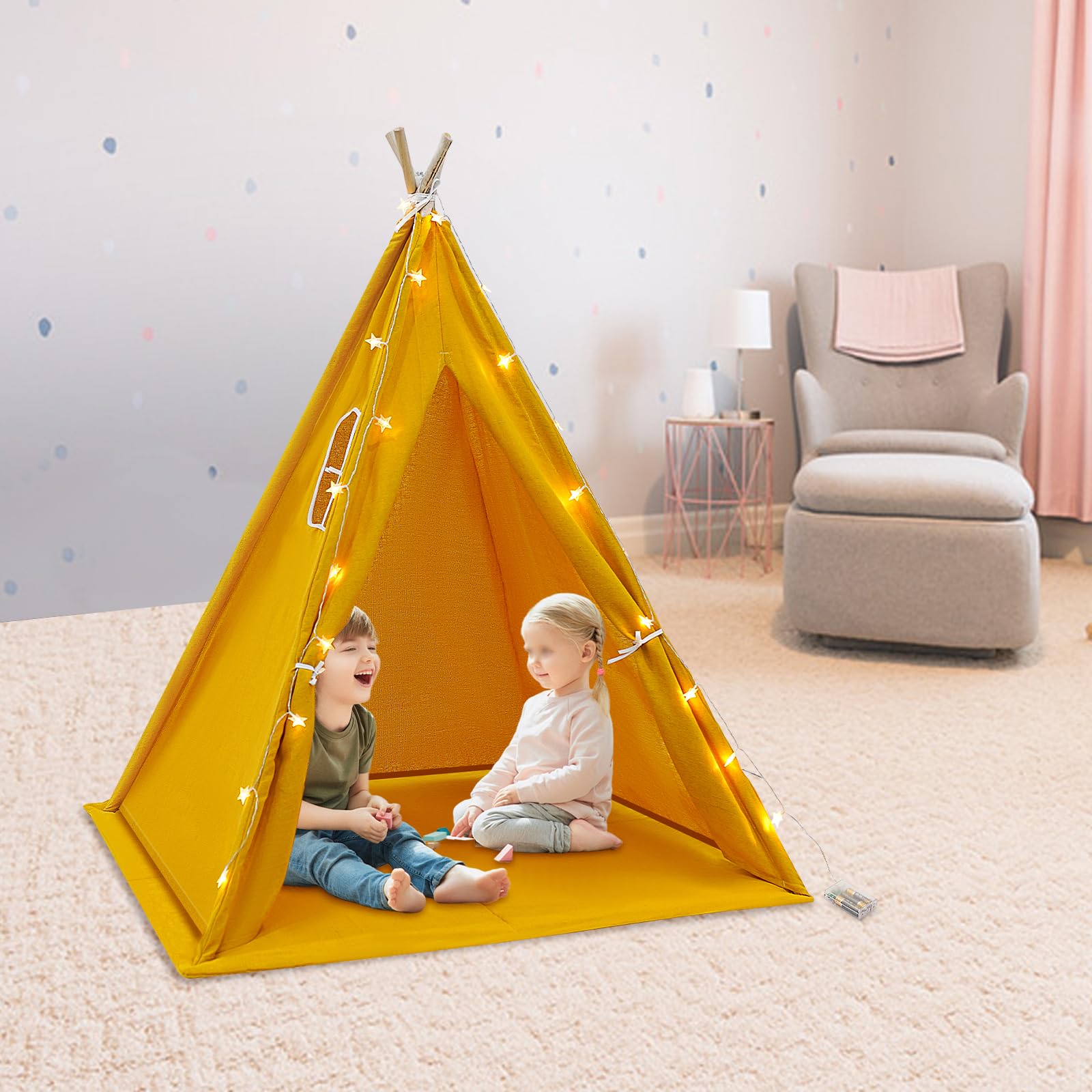 Tente tipi pour enfants, tentes pour enfants en coton 120 * 120 * 140 cm, tente de jeu pour chambre d'enfant avec guirlande lumineuse et tapis, tente teepee pour enfants pour 1-3 garçons et filles