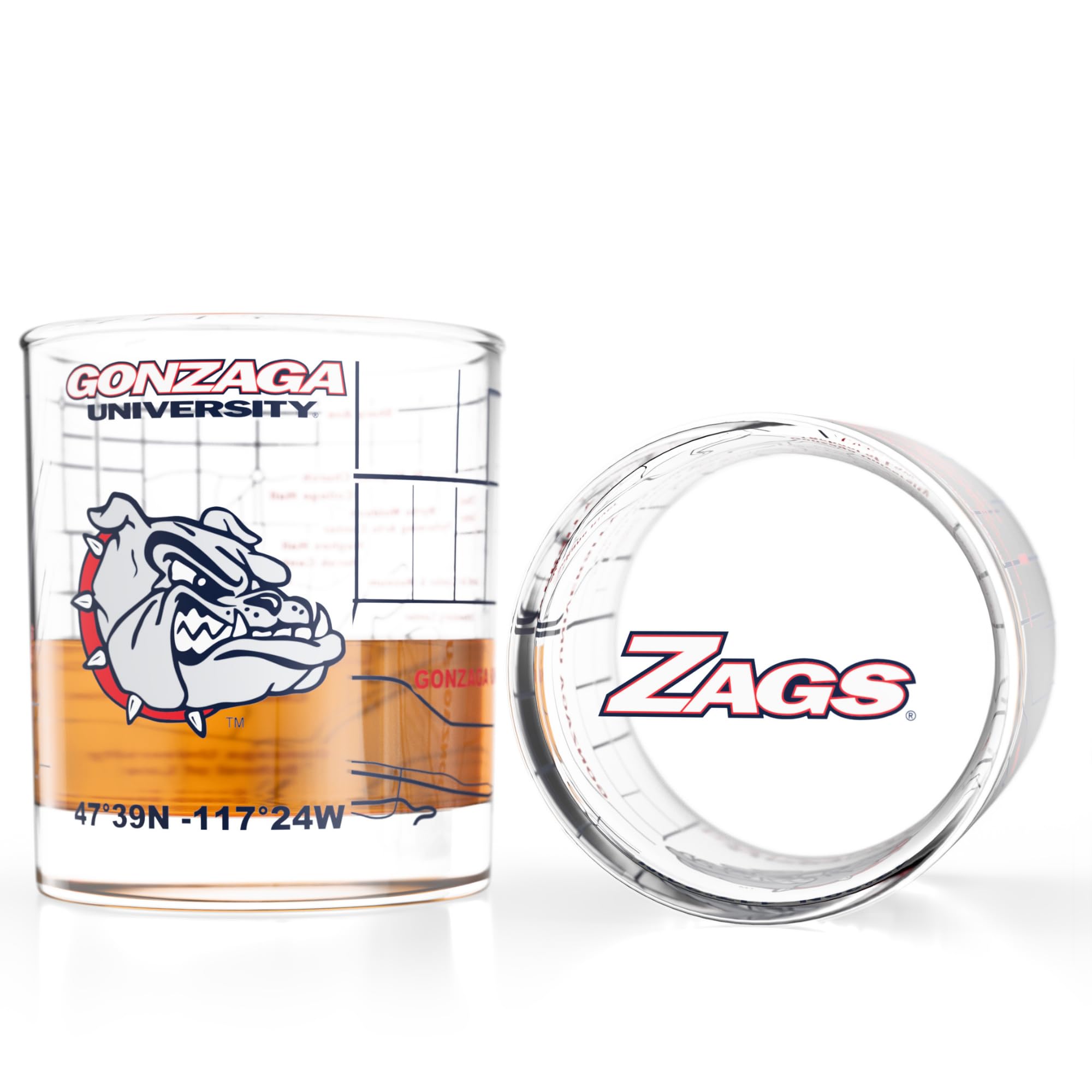 Greenline Goods University of Gonzaga Bulldogs Whiskey Glasses Set of 2, 10 oz Rocks Glasses with Full-Color Logo &amp; Campus Map – Officially Licensed Bourbon Glass Gift for Alumni &amp; Fans