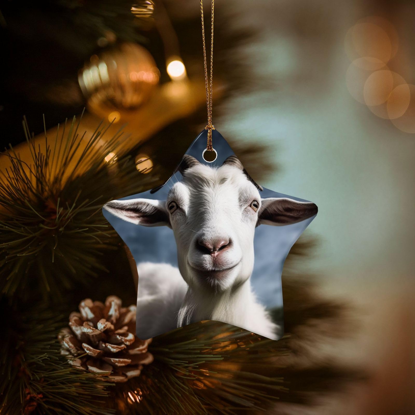 Christmas Ornaments for Christmas Tree Decoration Hanging Goat Ornament with Gold Ribbon Crafts Star Shape Ceramic Pendant for Keepsake Gifts Xmas Decor Party Supplies