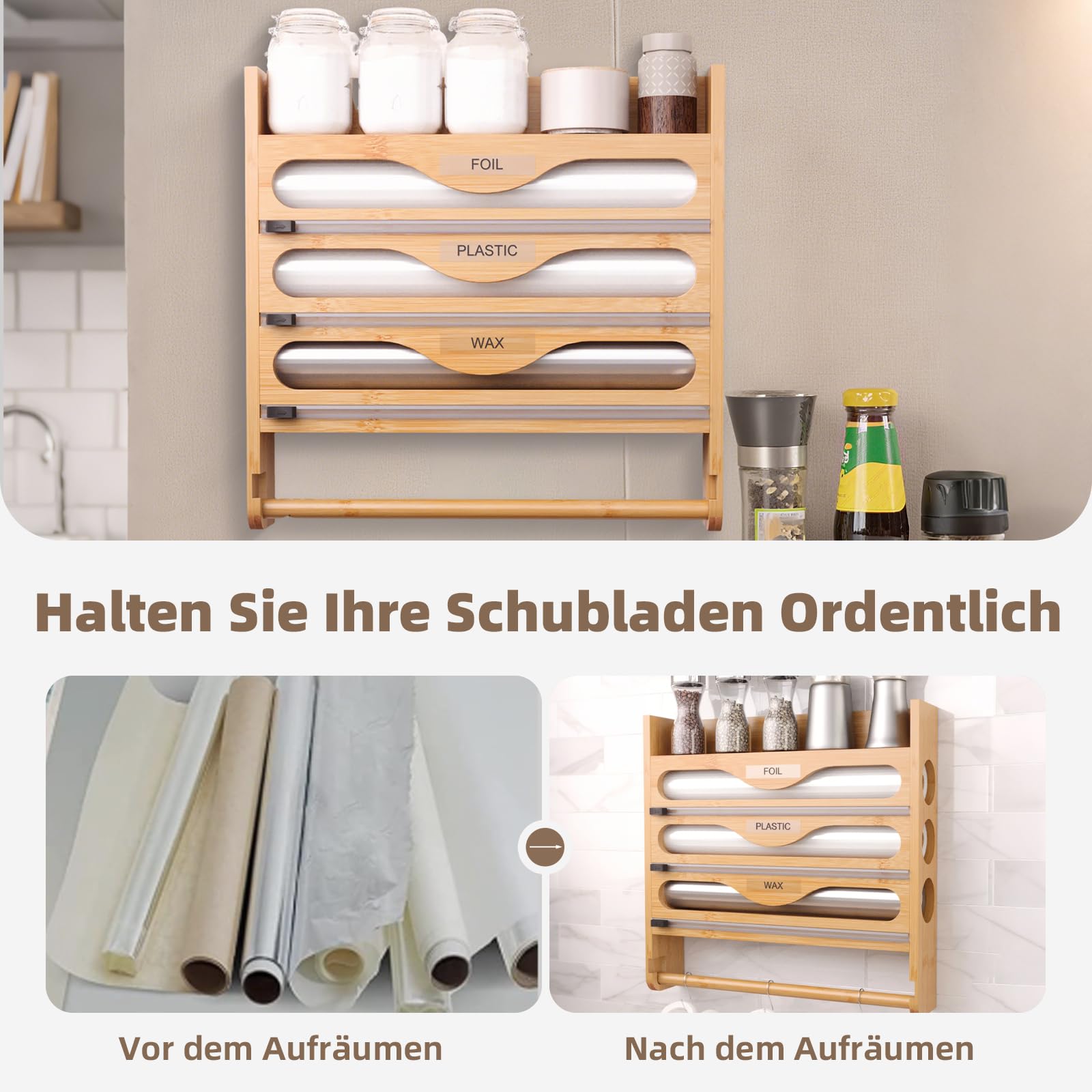 Distributeur de Film Alimentaire 4 en 1 avec Support pour Essuie-Tout Organiseur Mural pour Papier Aluminium,Film Plastique et Papier Ciré,Rangement Polyvalent avec Rouleau-Holz