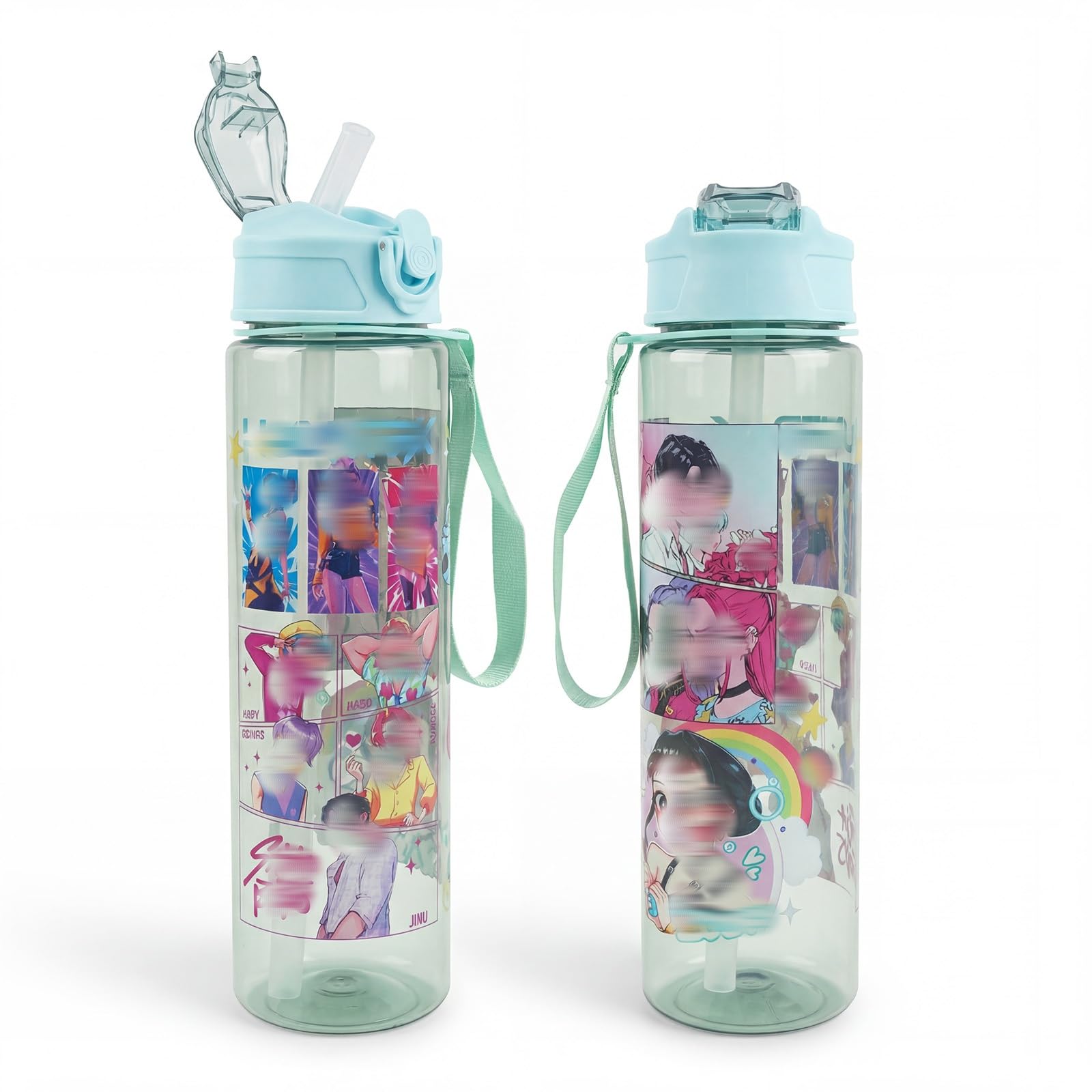 Heartsking K Pop Water Bottle for Girls, Green Reusable Plastic Water Bottle with Straw for Sports and Travel Drinkware Merch Gift for Girls Fans Teens Party Birthday