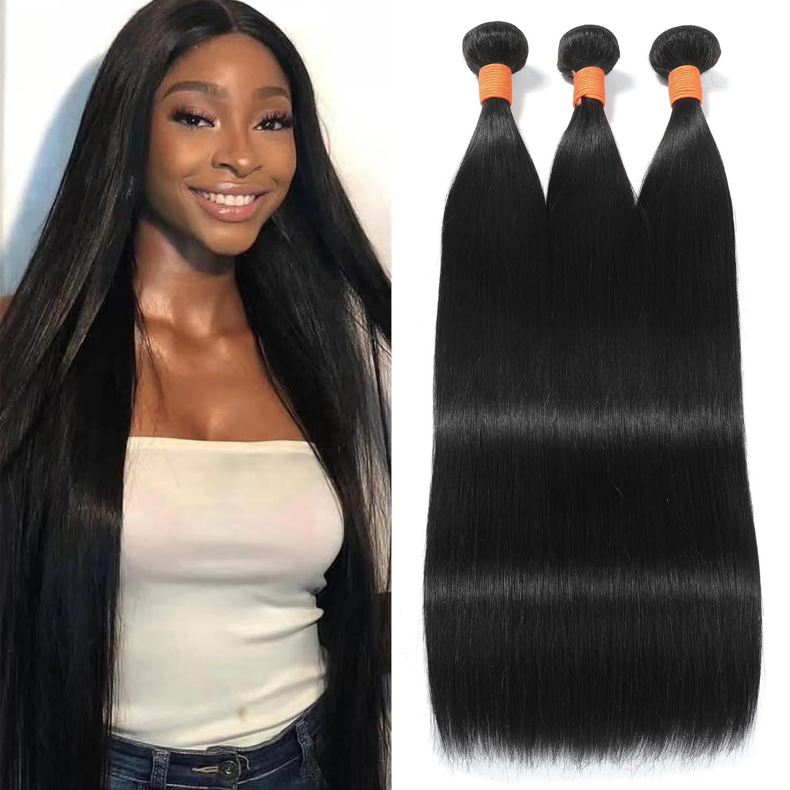 Brazilian Virgin Human Hair Extensions 3 Bundle Set 26-30 Inch Straight Weave LUXEDIVA Brazilian Virgin Remy Silky Straight Hair 4 Bundle  main image 2