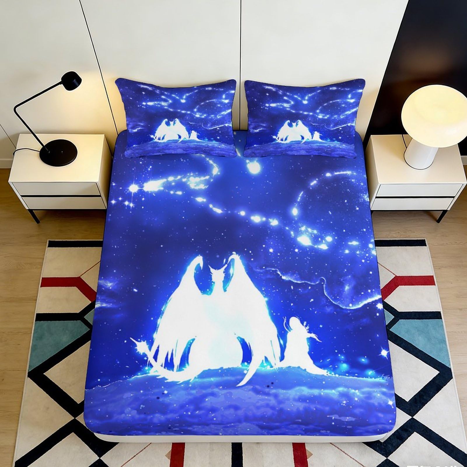 3D Printed Night Sky Dragon Fitted Sheet Microfiber Deep Pocket Non-Slip Bedroom Bedding Set Night Sky Dragon Mattress Fitted Cover for Adults Teens 140x200x25cm