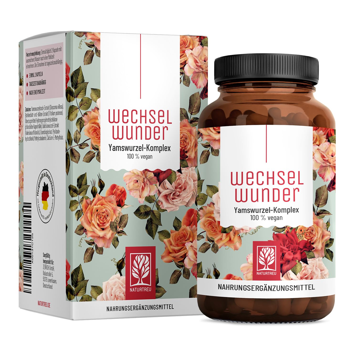 NATURTREU® WECHSELWUNDER - 500mg Yamswurzel mit 340mg Rotklee, Baldrian, Eisen, Vitamin B9 und B12 Kapseln hochdosiert - 90 Kapseln