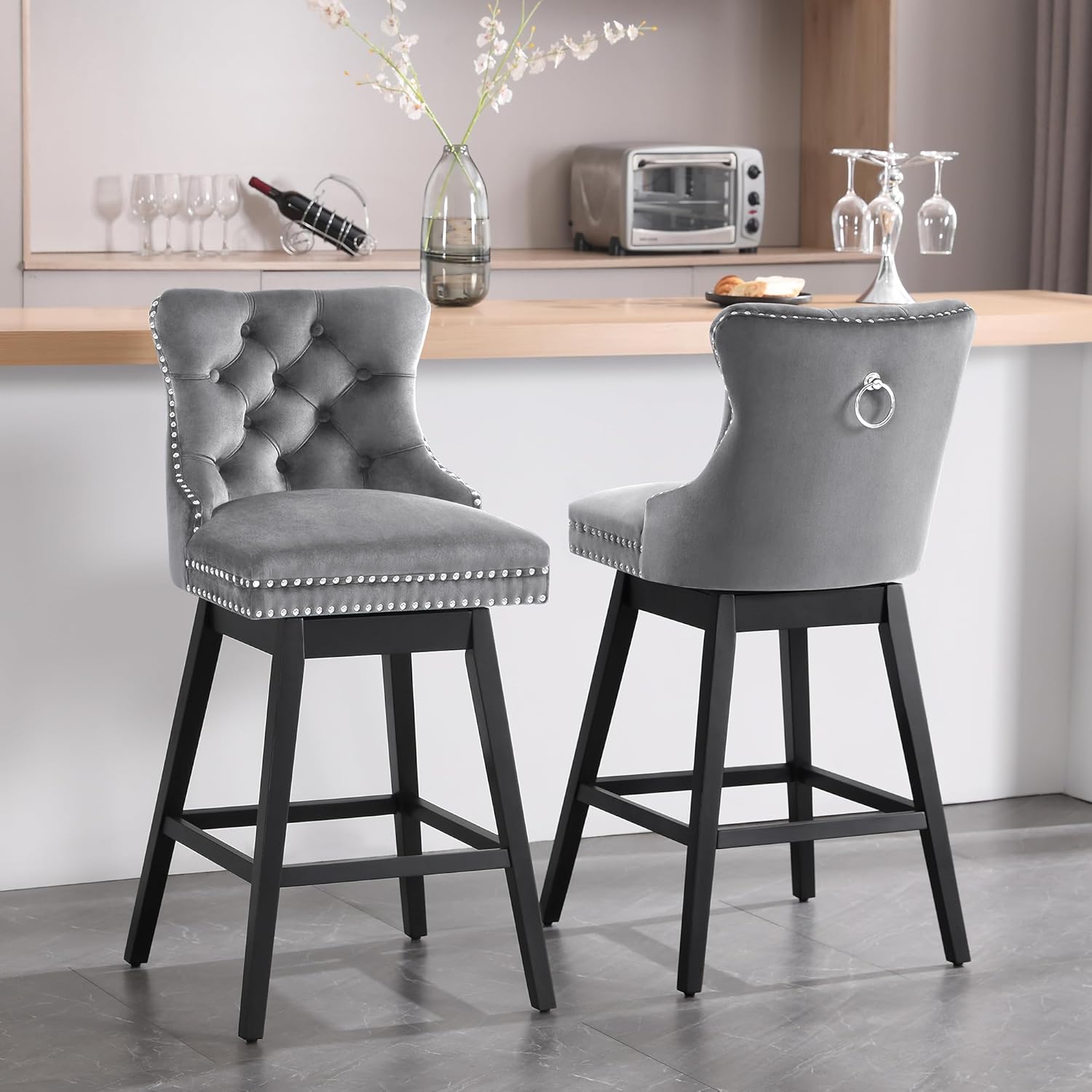 26" Counter Height Bar Stools Set of 2, Velvet Swivel Bar Stools with Tufted Back, Nailhead Trim & Wood Footrest, Upholstered Bar Height Stools for Kitchen Island, Home Bar (Set of 2-Gray)