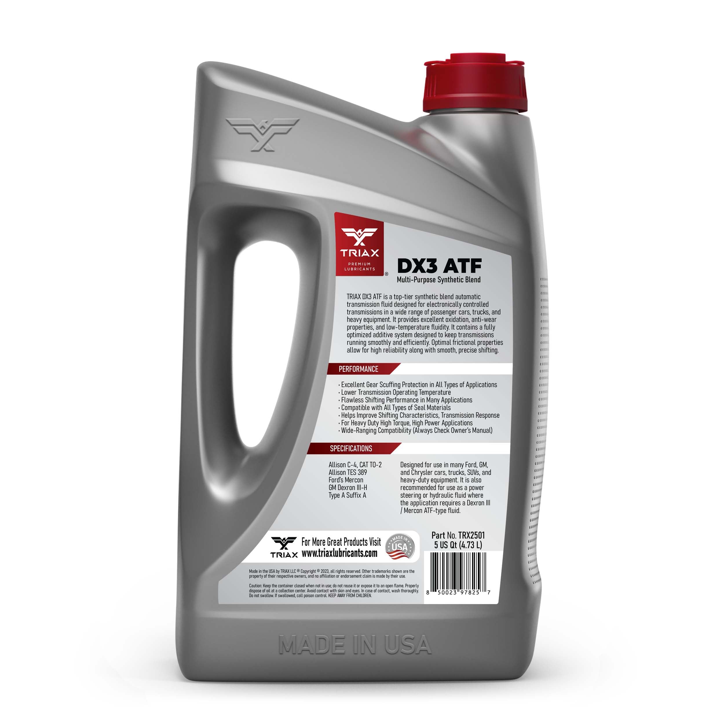 TRIAX DX3 ATF - Compatible con la mayoría de aplicaciones GM Dexron III y Ford Mercon- Multiusos, optimizado por fricción, líquido de transmisión automática de alto kilometraje (5 cuartos de galón)