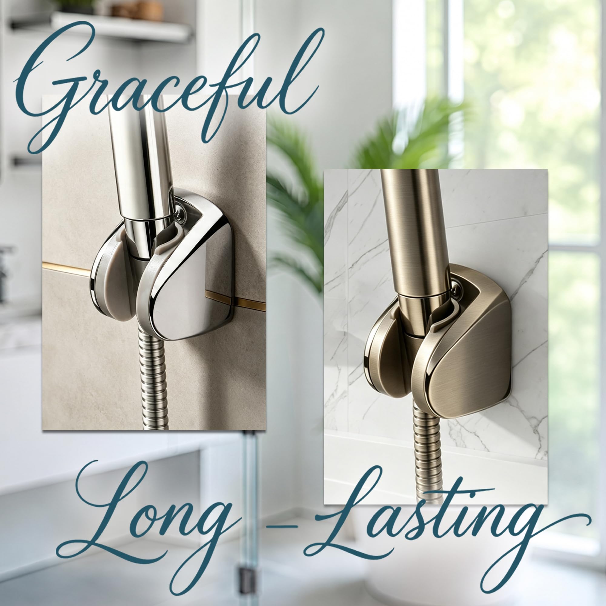 Yoo.MEE Soporte de ducha de pared para cabezal de ducha de mano, soporte de altura ajustable, gran ángulo ajustable para adaptarse a cualquier espacio de baño, cromado