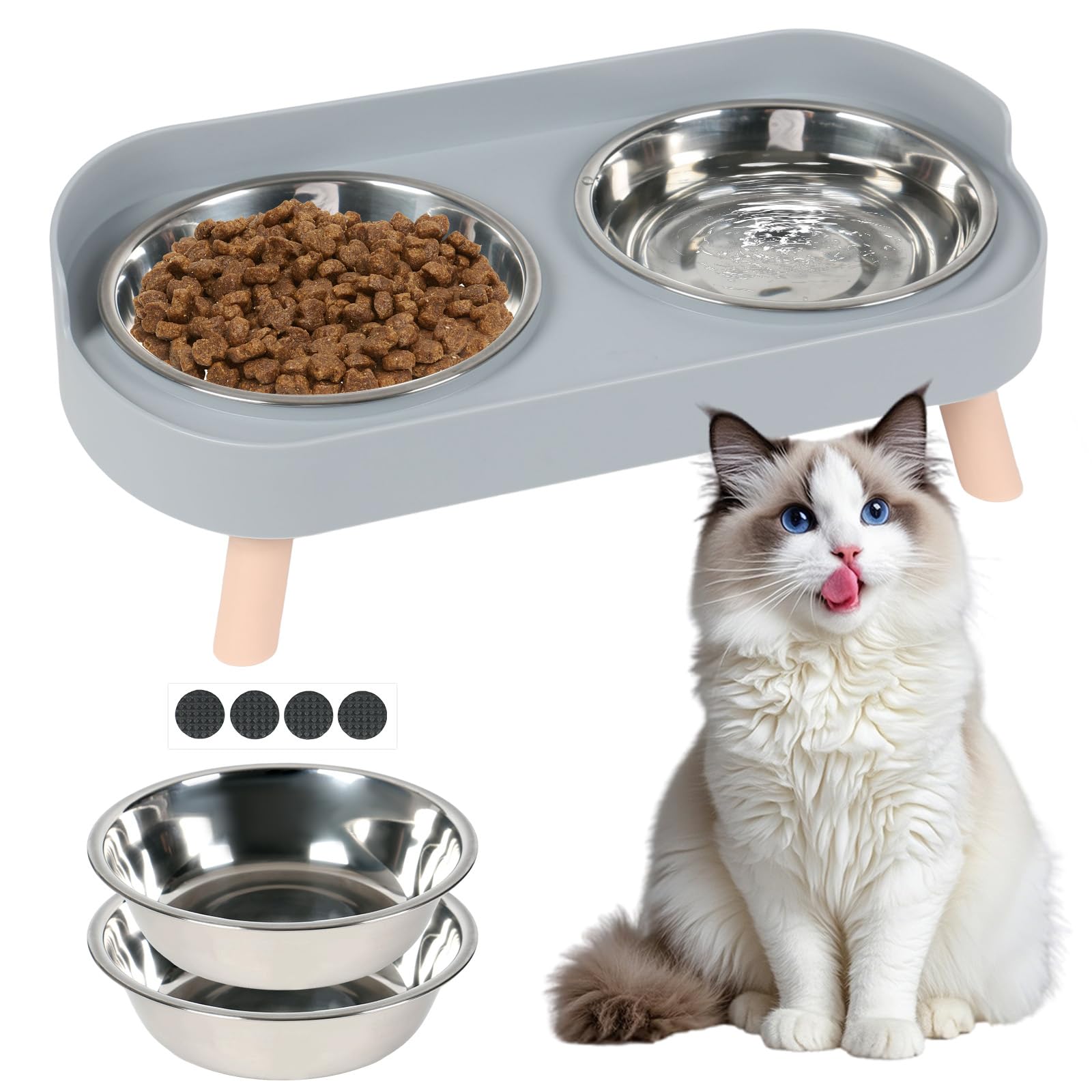 Widisun Raised Cat Bowls with Stand, Stainless Steel Elevated Cat Food and Water Bowl Set, Double Tilted Cat Feeding Dish for Small Dogs, Non-Slip Design for Neck Relief (Gray)