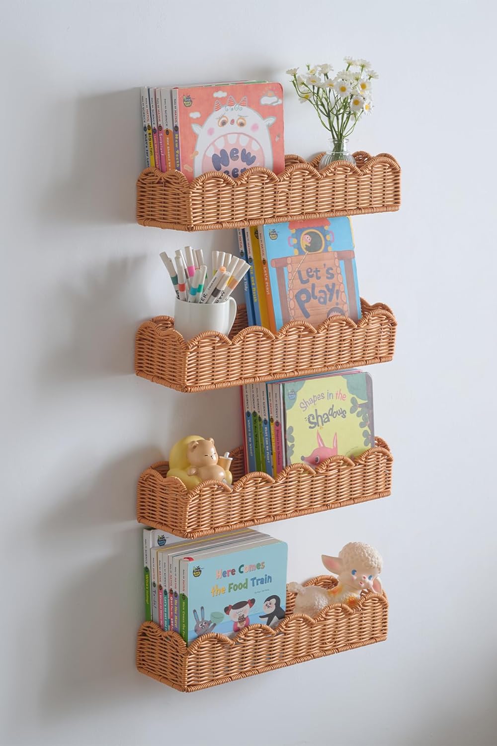 Lavenix Nursery Book Shelves Set of 4, Metal & Plastic Artificial Rattan Scalloped Book Shelf 15.8", Cute Floating Bookshelf for Kids Bedroom Farmhouse Decor