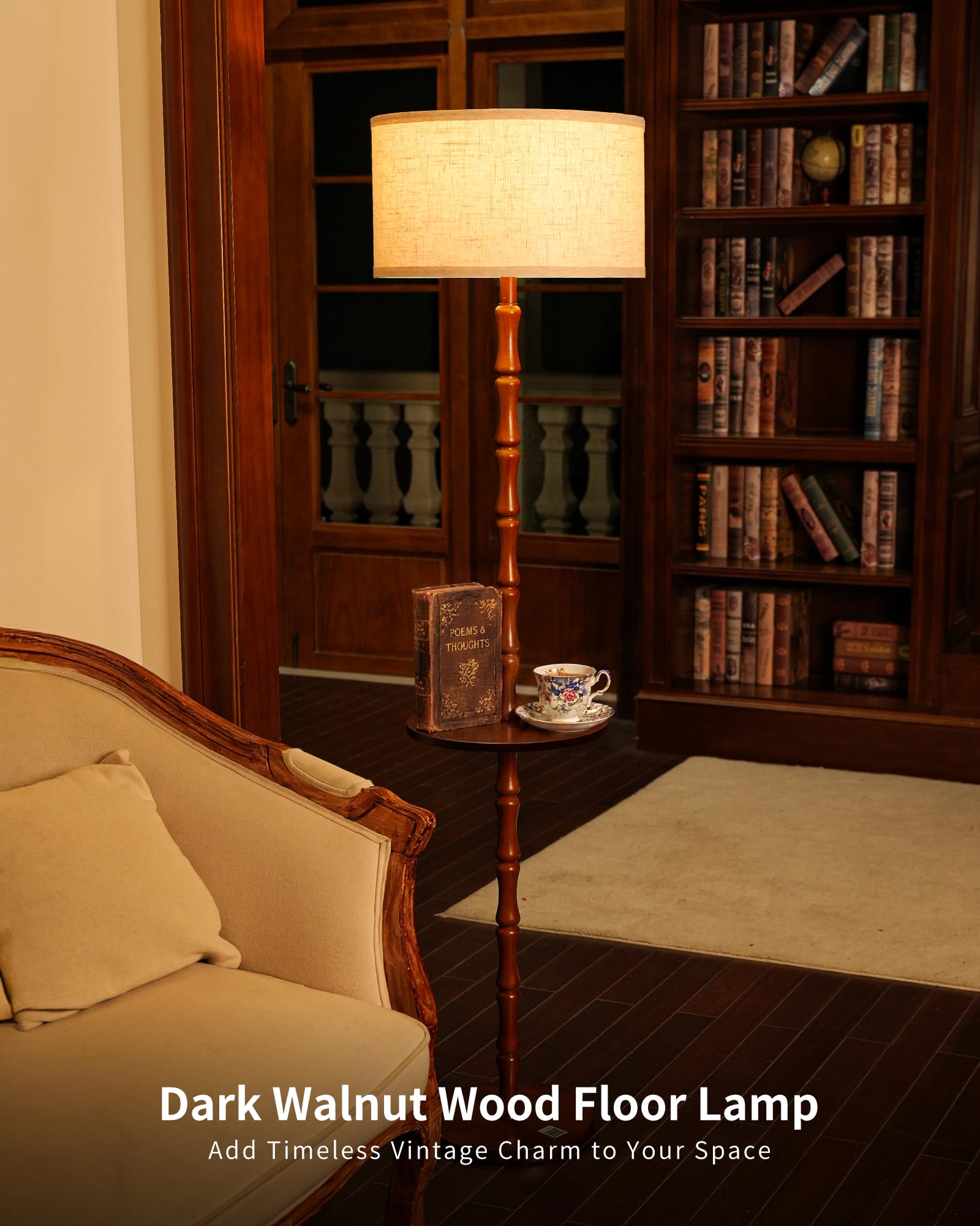 Vintage Stehlampe aus Holz mit Ablage, Walnuss, WOVI FL13 | 161cm Stehleuchte Retro mit 3 Farbtemperaturen, Fußschalter & Stoffschirm, E27 Lampe inklusive, für Wohnzimmer, Schlafzimmer