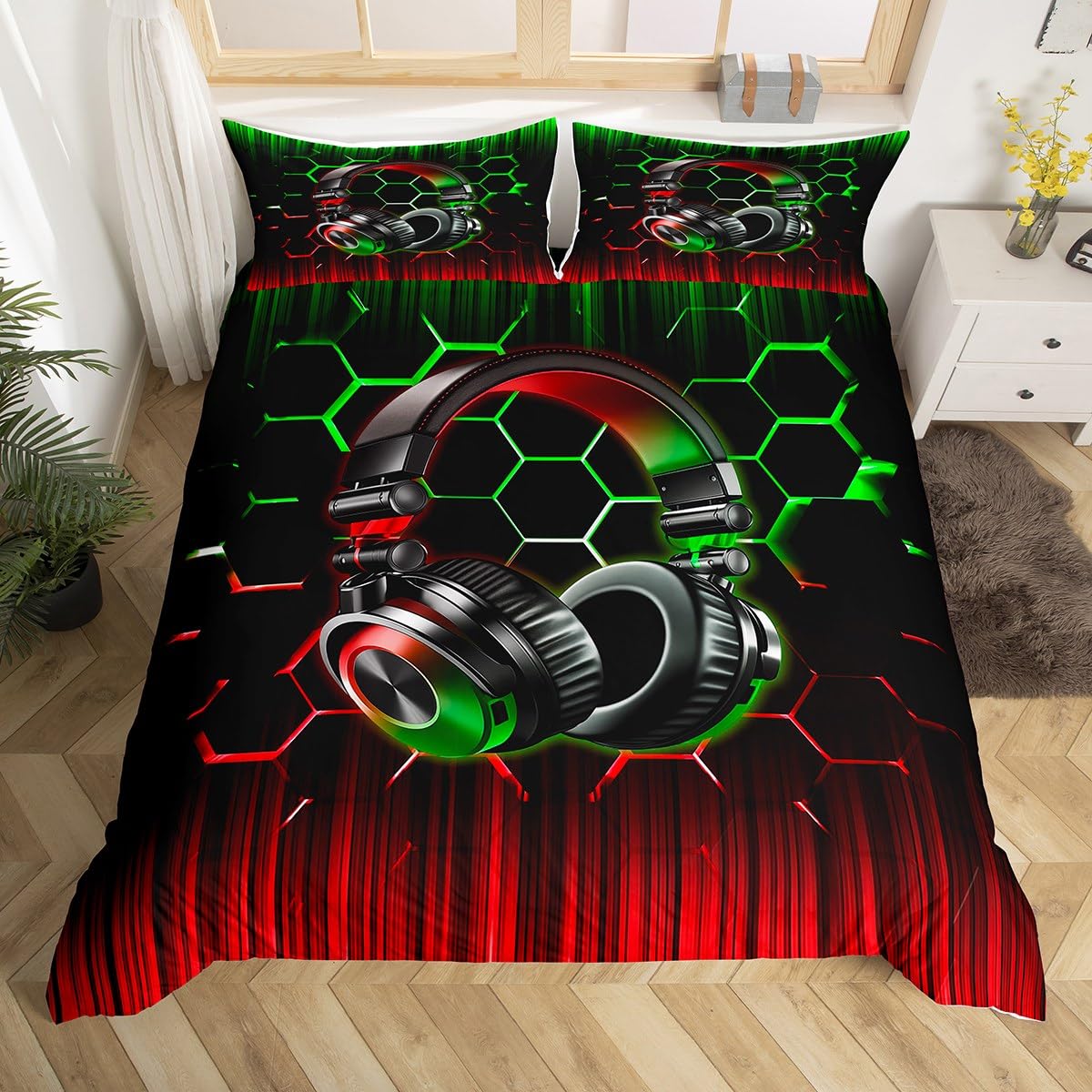Green Red Headset Kids Duvet Cover Set Super King Size, Abstract Honeycomb Striped Bedding Set for Boys Girls Bedroom Decor, Modern Geometric Comforter Cover, Headphones Quilt Cover, 2 Pillowcases