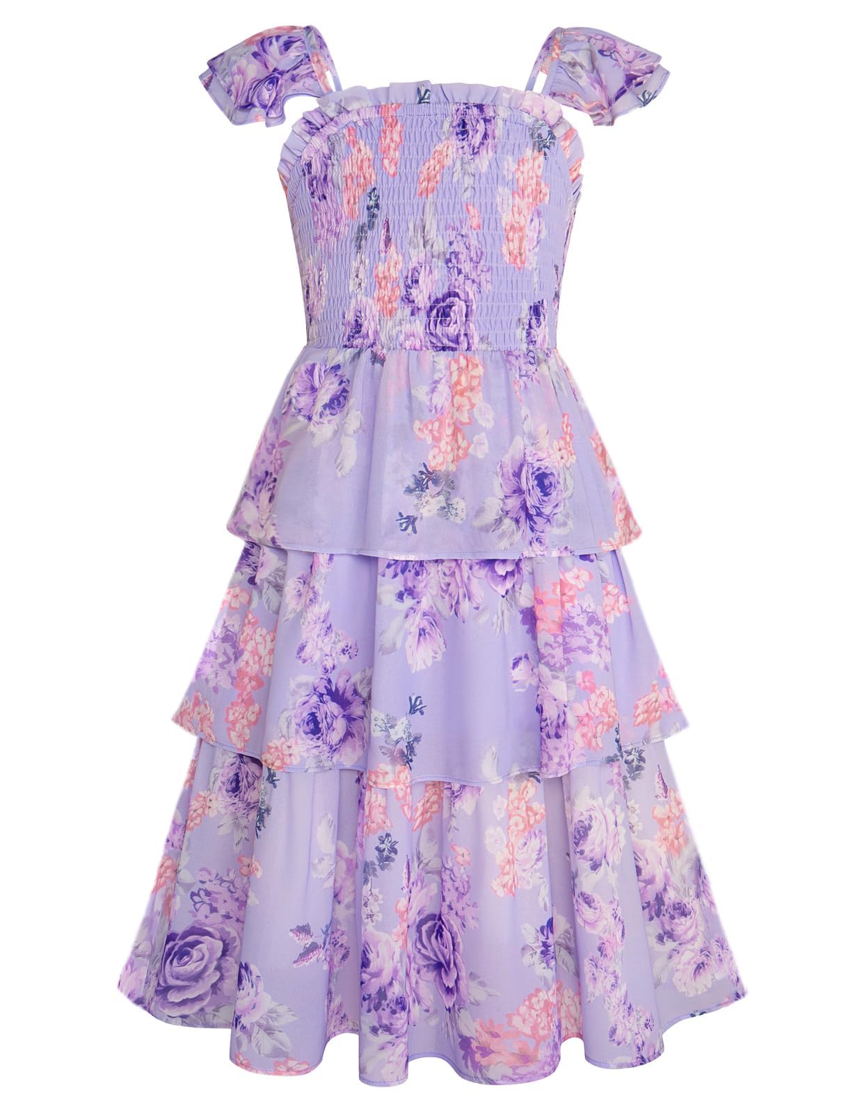 GRACE KARIN Girls Floral Smock Dress Flutter Sleeves Flowing Tiered Layers Spring Summer Midi Holiday Boho Dresses 5-12Y