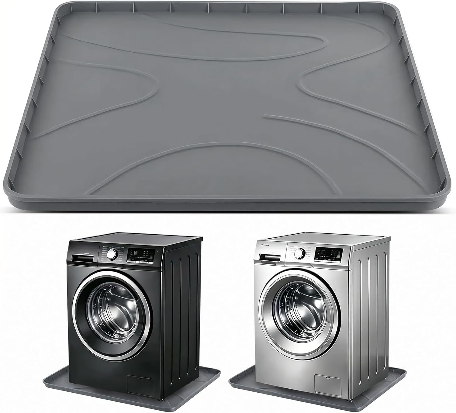 Washing Machine Drain Pan，32''x30'' Silicone Mat with Raised Reinforced Frame & Triangular Reinforcing Rib,fits Most Washer Models, Washing Machine Tray for Floor Protection in Laundry Room (gray)