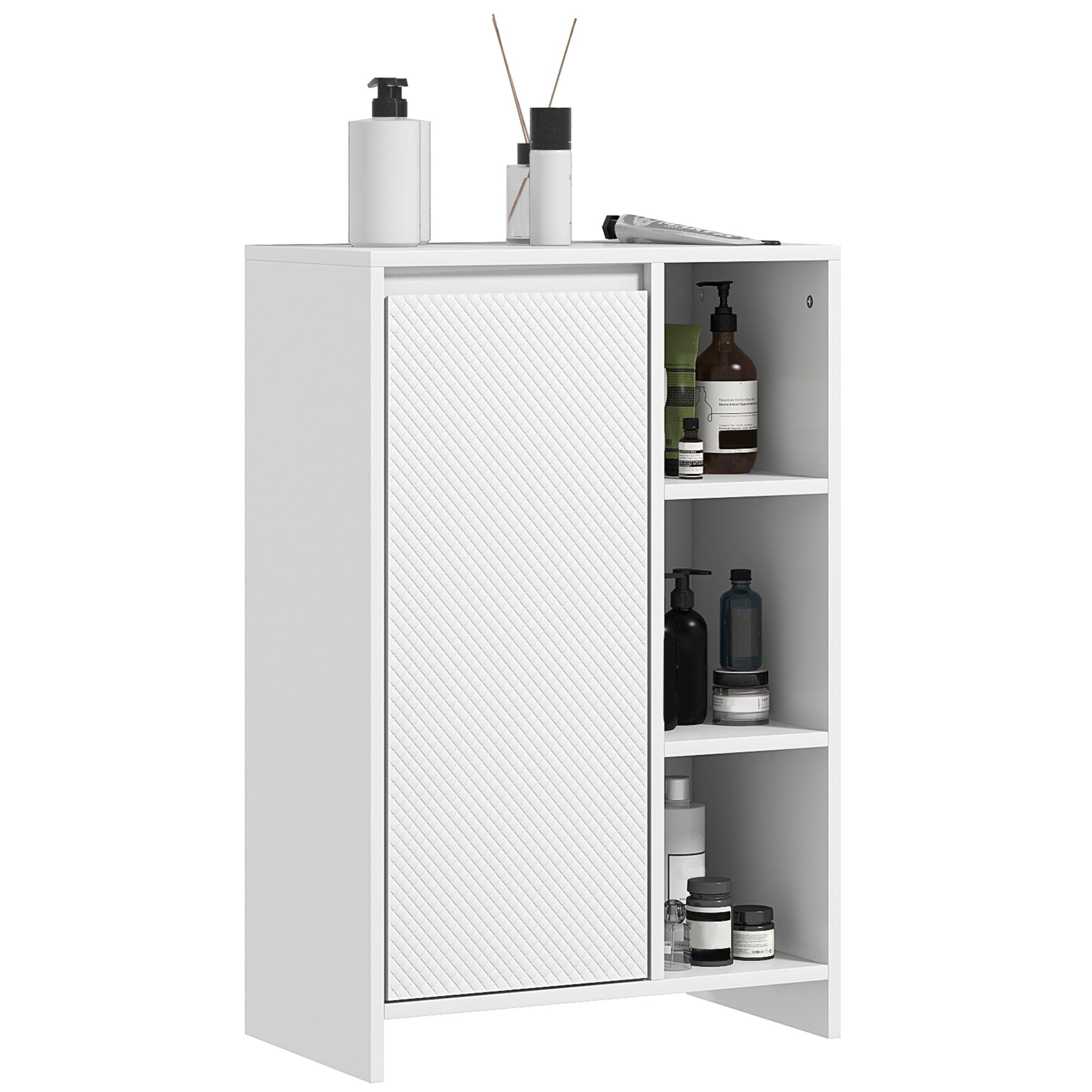 HOMCOM Armario Alto de Baño Columna Auxiliar con Puerta 3 Estantes Abiertos Antivuelco Estilo Moderno 53x30x80 cm Blanco