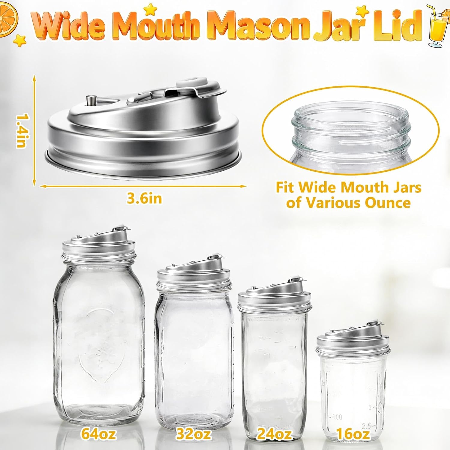 Wide Mouth Mason Jar Drinking Lids, Stainless Steel Sip Lid, 2 Pcs