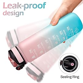 YC Kitchen Motivational Water Bottle with Time Marker - 32oz, Leak-proof BPA Free Sports Water Bottles with Straw & Carrying Strap