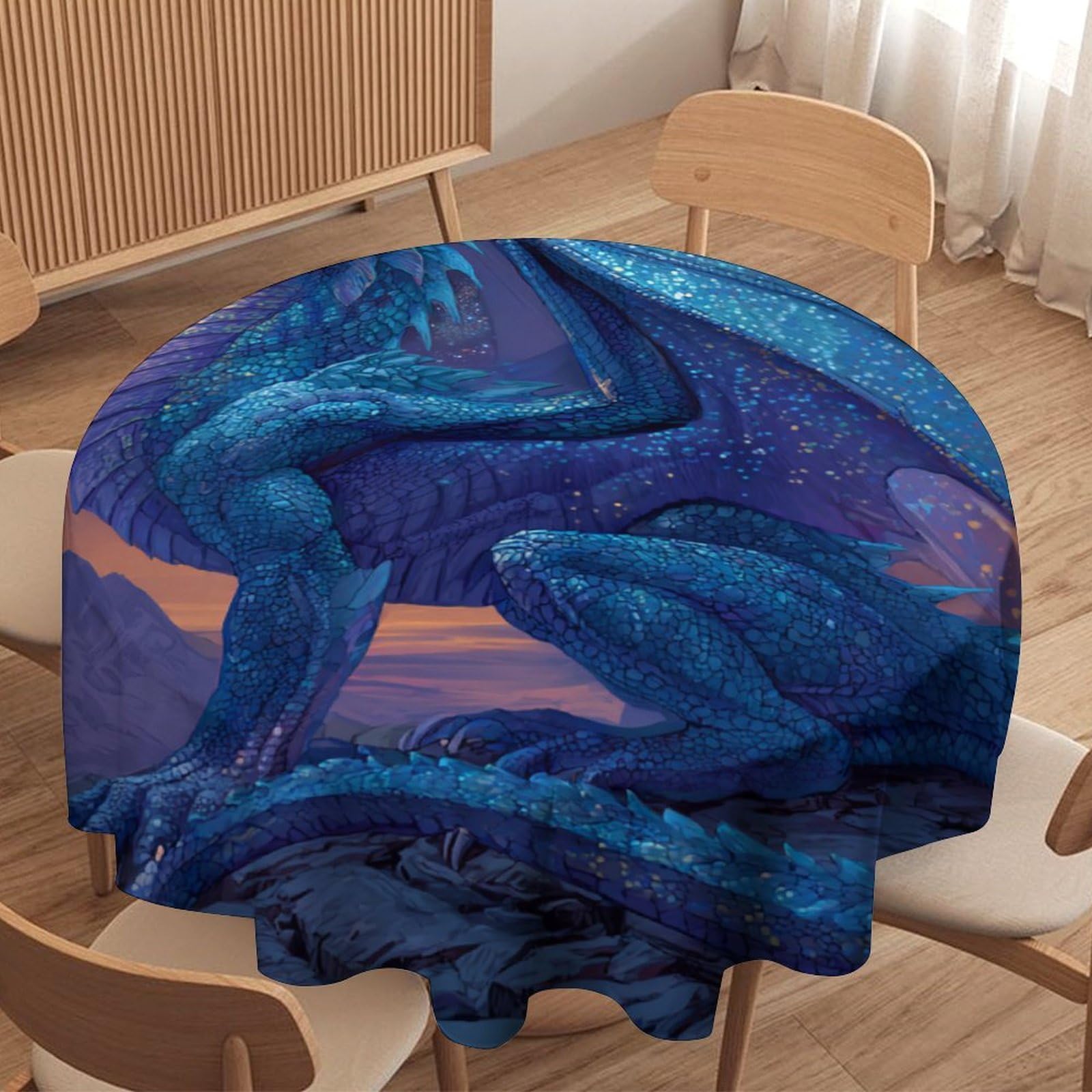 LUYYSKY Rustic Cool Western Dragon Round Tablecloth Beautiful Watercolor Starry Sky Fantasy Mythical Animal Dragon Pattern Washable Decor for Table Cover for Kitchen-91.4" Wx91.4 L cm