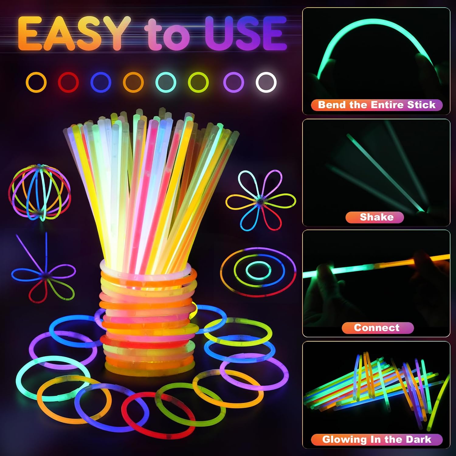 SHQDD 500 Glow Sticks Set, Glow in the Dark Party Supplies for Kids Adults - 200 Glow Sticks + 300 Accessories to DIY Bracelets/Necklaces/Glasses, Neon Party Favors for Birthday, Festivals, Concert