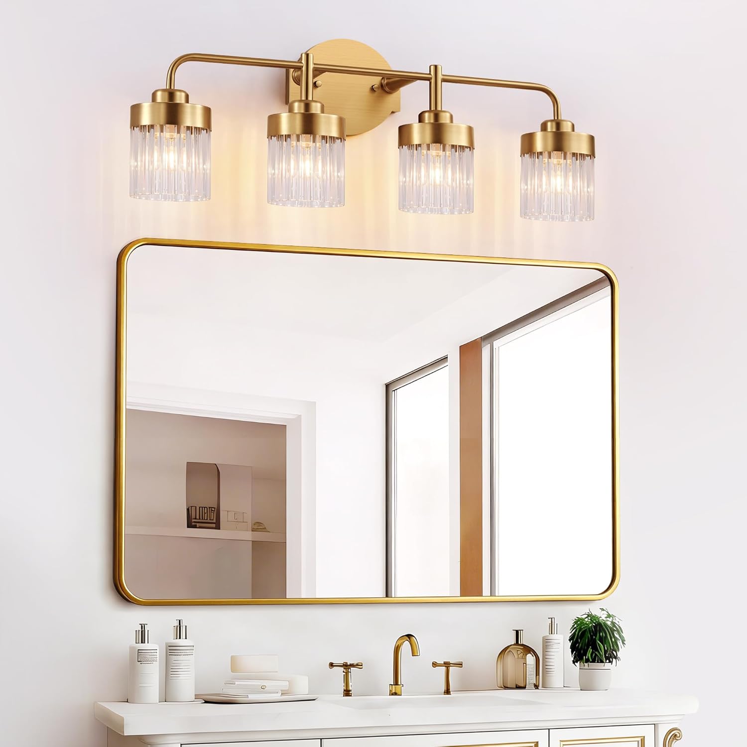 Crystal Modern Bathroom Vanity Light, 4 Light Brushed Gold Bathroom Light Fixtures, with Crystal Glass Shade, Bathroom Lighting Fixtures Over Mirror, Wall Light for Bedroom Living Room