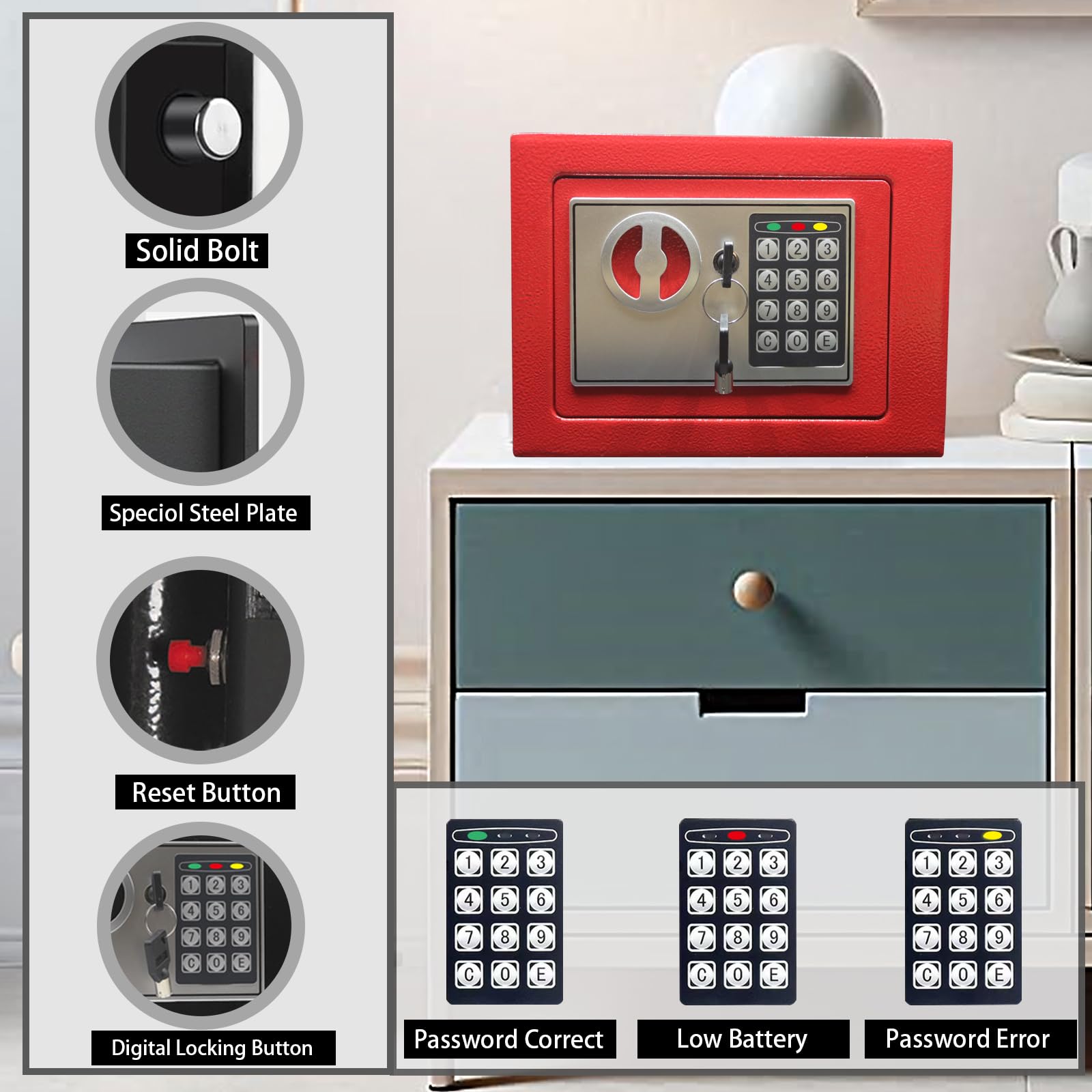 Yuanshikj Elektronischer Deluxe digitaler Sicherheitssafe mit Schlüssel, Tastatur, Schloss, Zuhause, Büro, Hotel, Geschäft, Schmuck, Waffe, Bargeld, Aufbewahrung von Geld (rot)