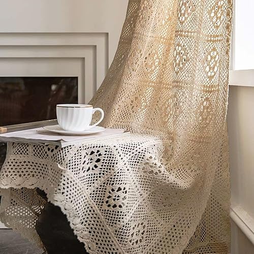 Cortinas rústicas de ganchillo para sala de estar, paneles de cortina de encaje de punto hueco para dormitorio, bolsillo para barra, cortinas de