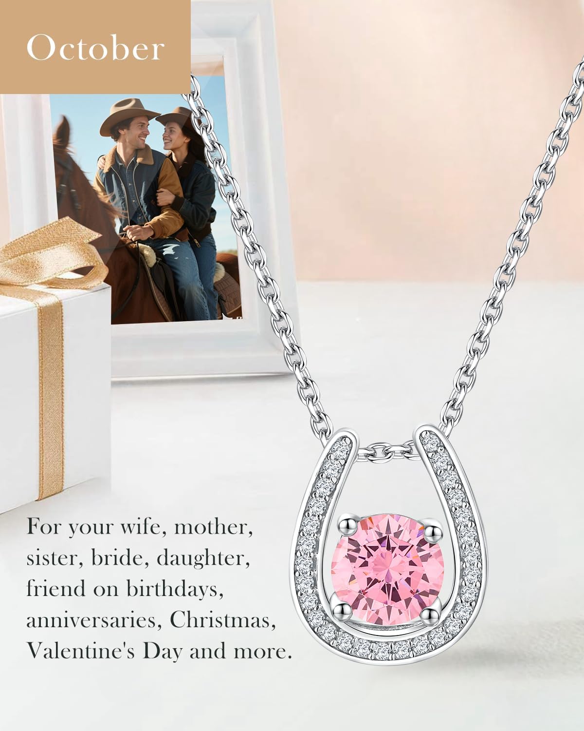 Sterling Silver Birthstone Horseshoe Necklace for Women Good Luck Pendant Necklace Jewelry for Birthday Wedding(with Gift Box) - Image 7