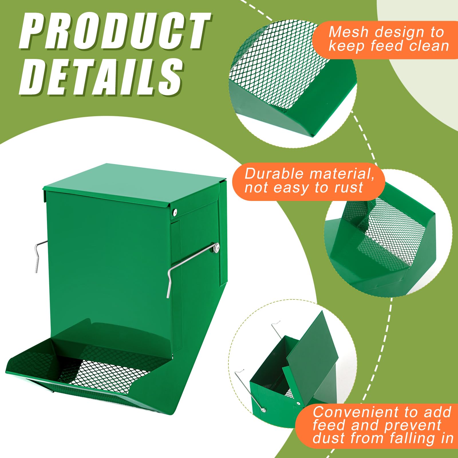 Maxcheck 2 Pcs Rabbit Feeder for Cages Small Animal Food Dispenser with Lid Metal Chicken Grit Oyster Shell Feeders Outside (4.7 Inches,Mesh Bottom,Green) - image 3