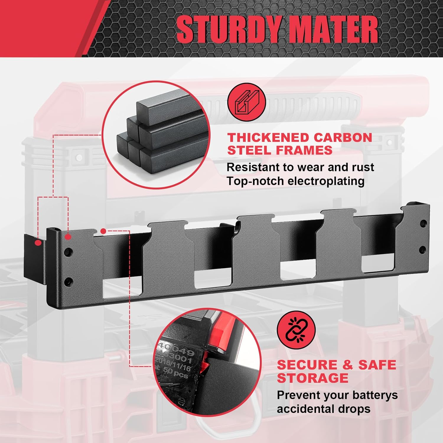 4 Slots Battery Holder Compatible with Milwaukee 18V Battery,Effortless Side Storage Solution Fit for Milwaukee 48-22-8426 Packout Rolling Toolbox,Mounted Back on Packout Toolbox