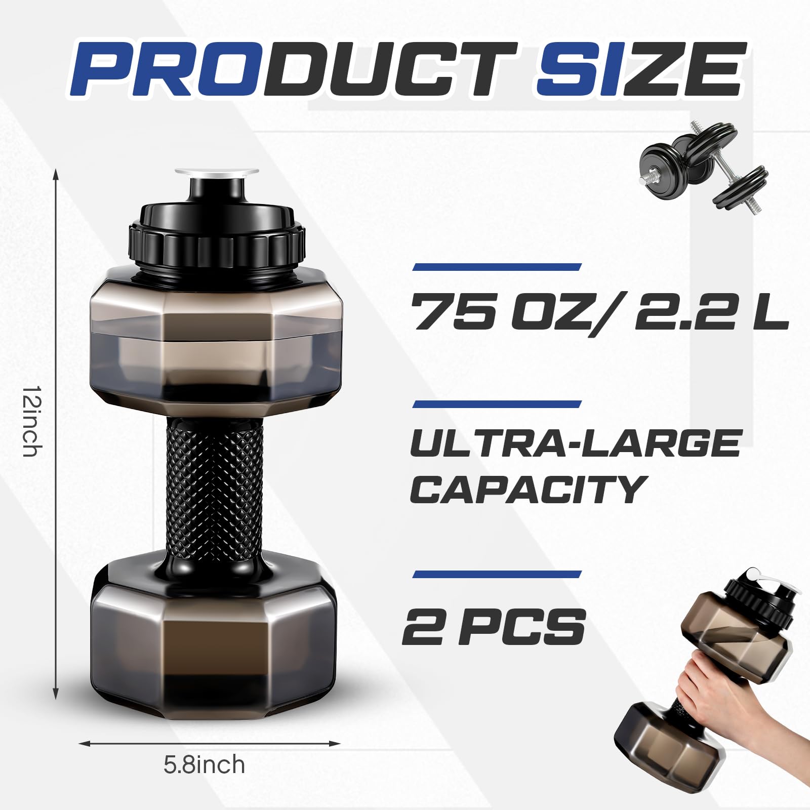 2.2L Dumbbell Water Bottle - 75oz Gym Fitness Jug With Adjustable Weight, Gift For Men, PETG Material