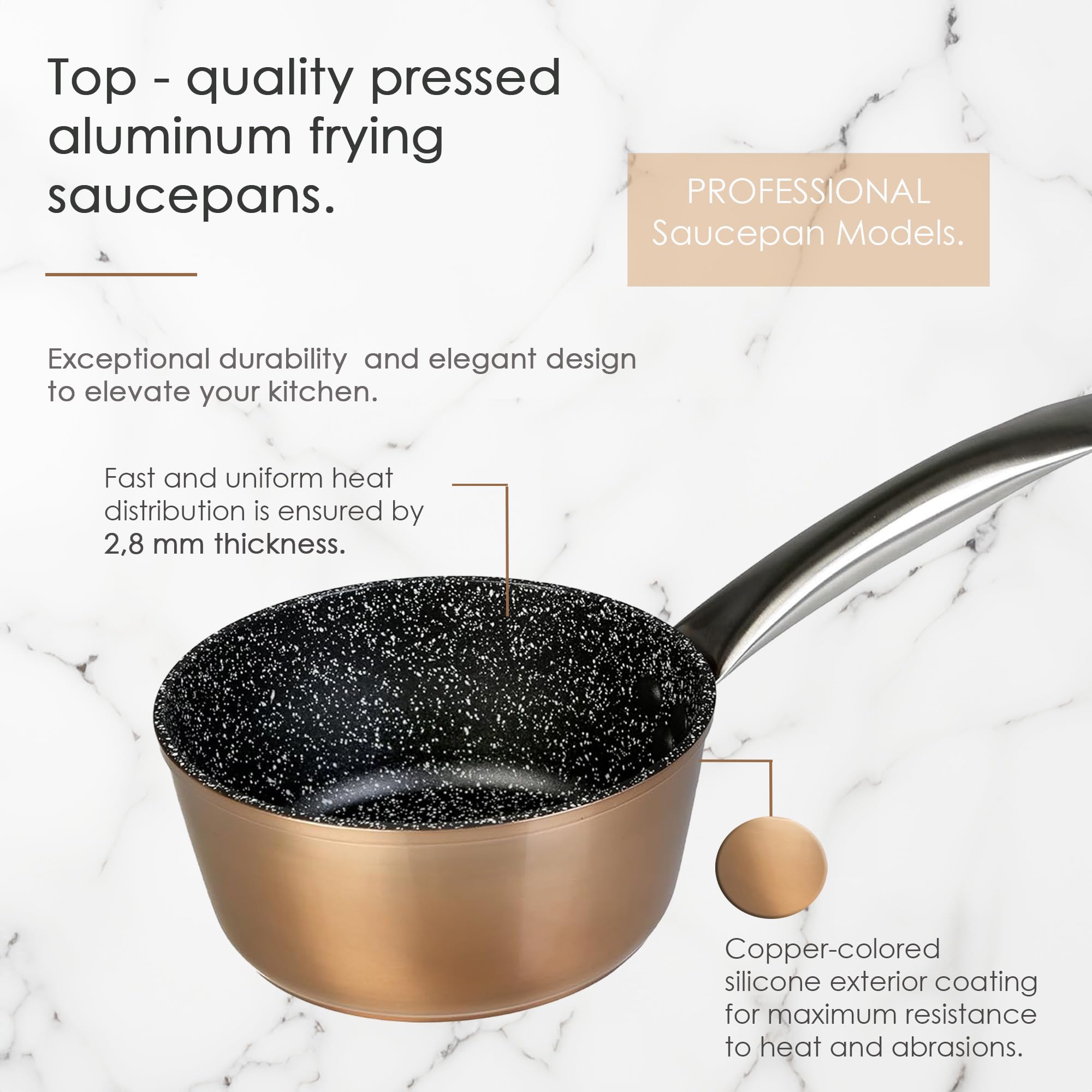 WECOOK! Professional Cazo Inducción 14 cm, Antiadherente Ecológico sin PFOA, Aluminio Forjado, Color Cobre, 2,8 mm Espesor, Asas de Acero Inoxidable, Vitrocerámica, Gas, Horno, Lavavajillas