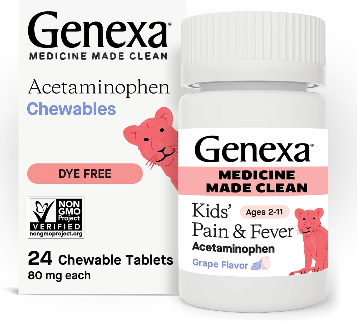 Genexa Kids’ Clean Pain & Fever Acetaminophen Chewables, Dye Free, 0% Artificial Additives, Delicious Grape Flavor, Chewable Medicine for Children 2-11, 80 mg per Tablet, 24ct 24 Count Chewable
