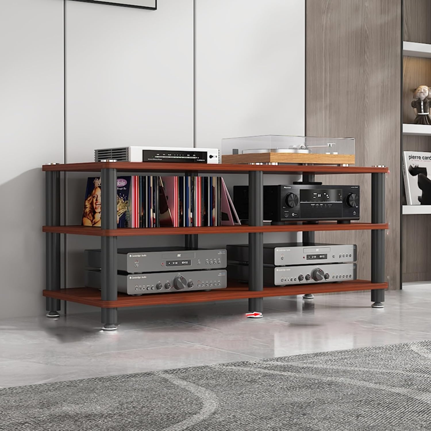 4-Tier AV Media Stand Corner Shelf Design AV Media Stand Stereo Audio Rack Stand Tower Storage for Entertainment Stereo Component Entertainment Video Game Console Cabinet Shelf(Teak,120x40x50cm)