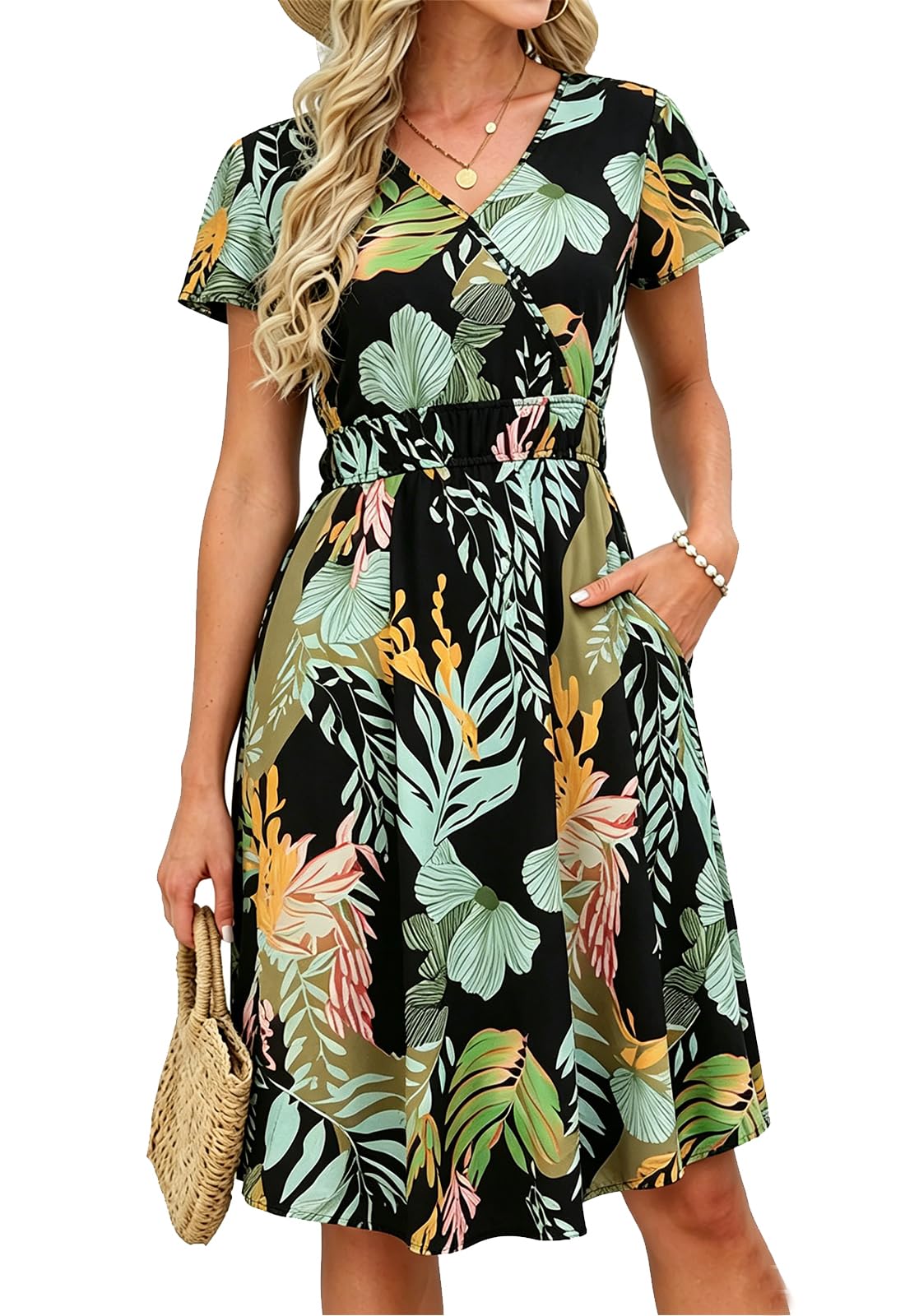 JayscreateEU Robe d'été pour femme - Robe portefeuille - Robe de fête élégante - Manches courtes - Col en V - Longueur genou - Mini robe de plage - Robe crayon festive - Robe moulante