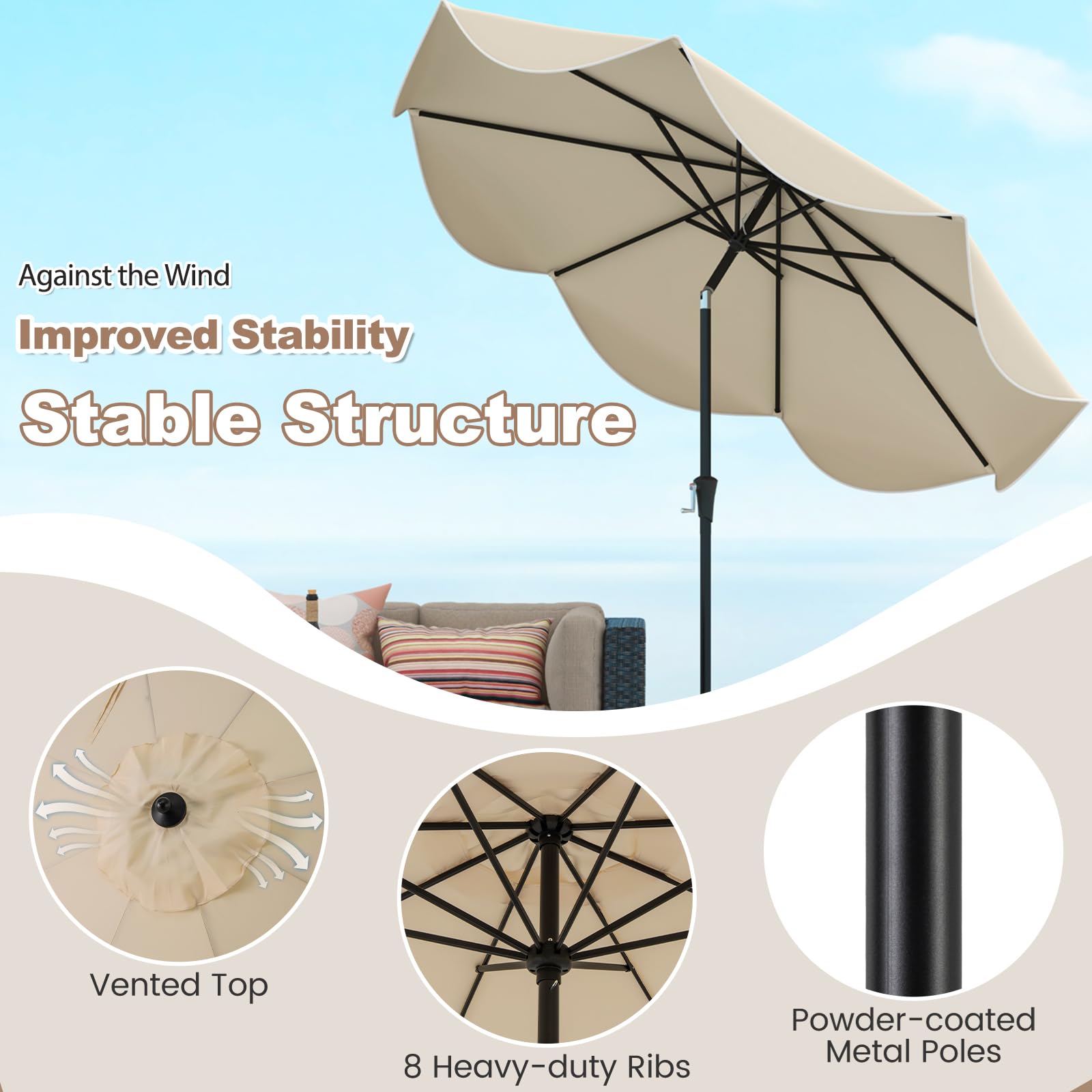 KOMFOTTEU Ombrellone da Giardino 270 cm, Inclinabile a 25°, Parasole da Spiaggia Protezione UV e Anti UV, con Manovella e 8 Stecche, Ideale per Terrazza, Balcone, Piscina