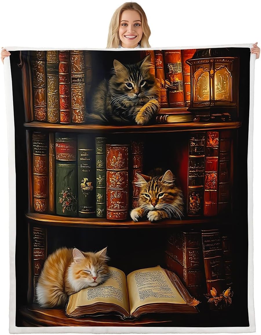 jejeloiu Cat Sherpa Blanket 40"x50" Retro Bookshelf Fleece Throw Blanket Boys Girls Teens Vintage Decor Kitten Flannal Blanket Cat Lover Plush Fuzzy Blanket for Bed Sofa Travel Bedroom
